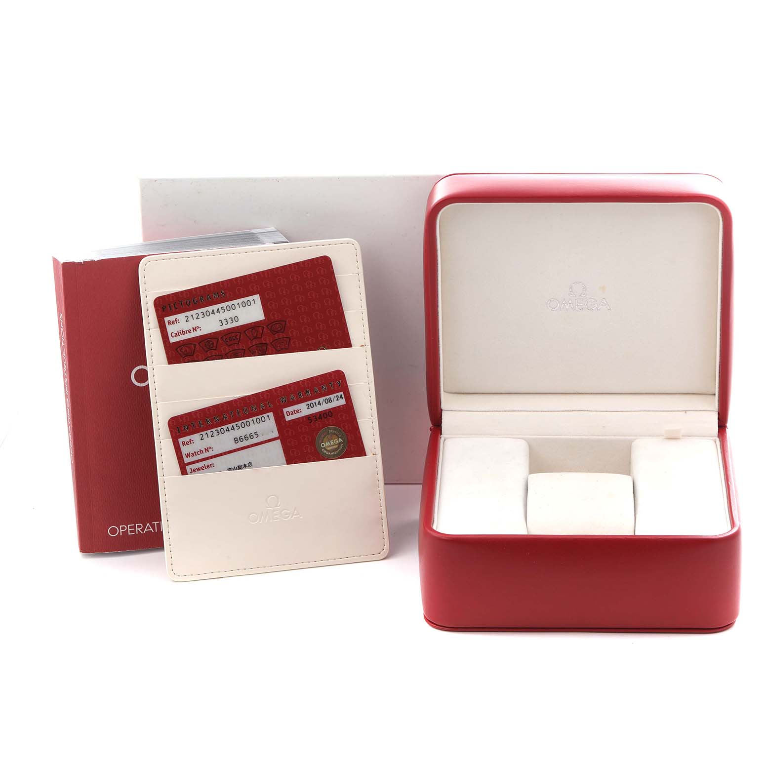 The image shows the Omega Seamaster 212.30.44.50.01.001 Men's Stainless Steel Black Dial box, operation manual, and authenticity cards at eye level.