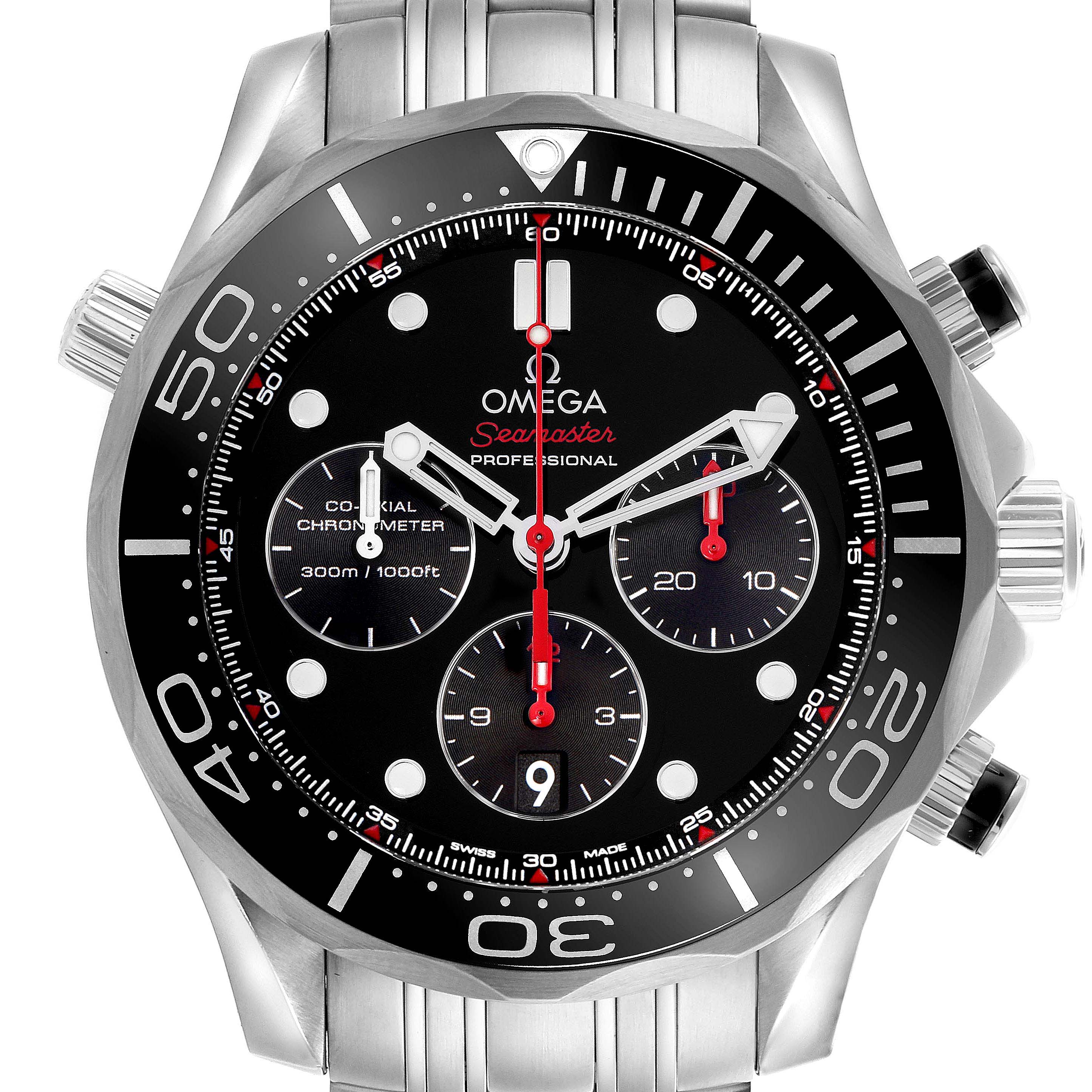 The Omega Seamaster 212.30.44.50.01.001 Men's Stainless Steel Black Dial watch is shown from the front, highlighting the dial, bezel, and bracelet.