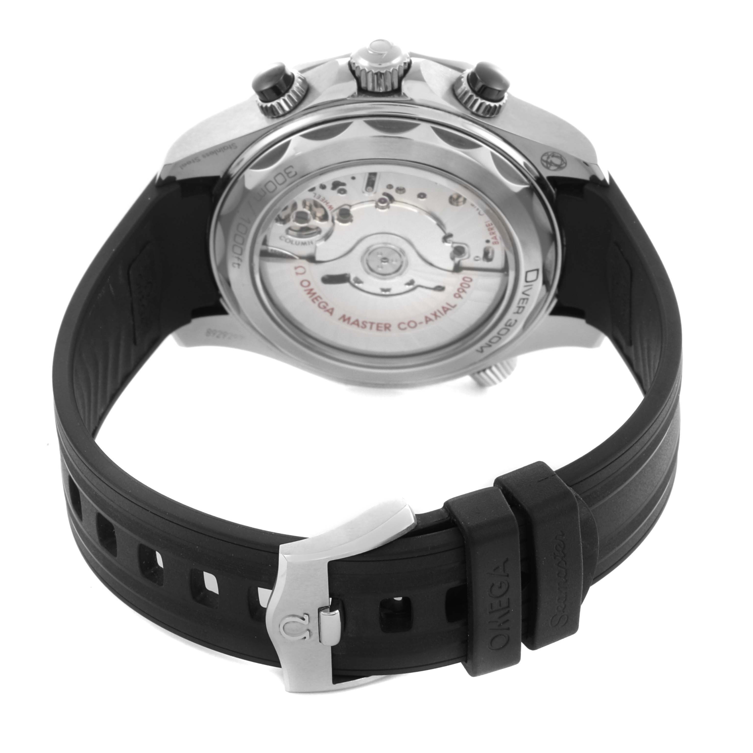 The Omega Seamaster 210.32.44.51.01.001 Men's Stainless Steel Black Dial 210.32.44.51.01.001 Men's Stainless Steel Black Dial is shown from the back, highlighting its transparent case back, movement, and rubber strap.