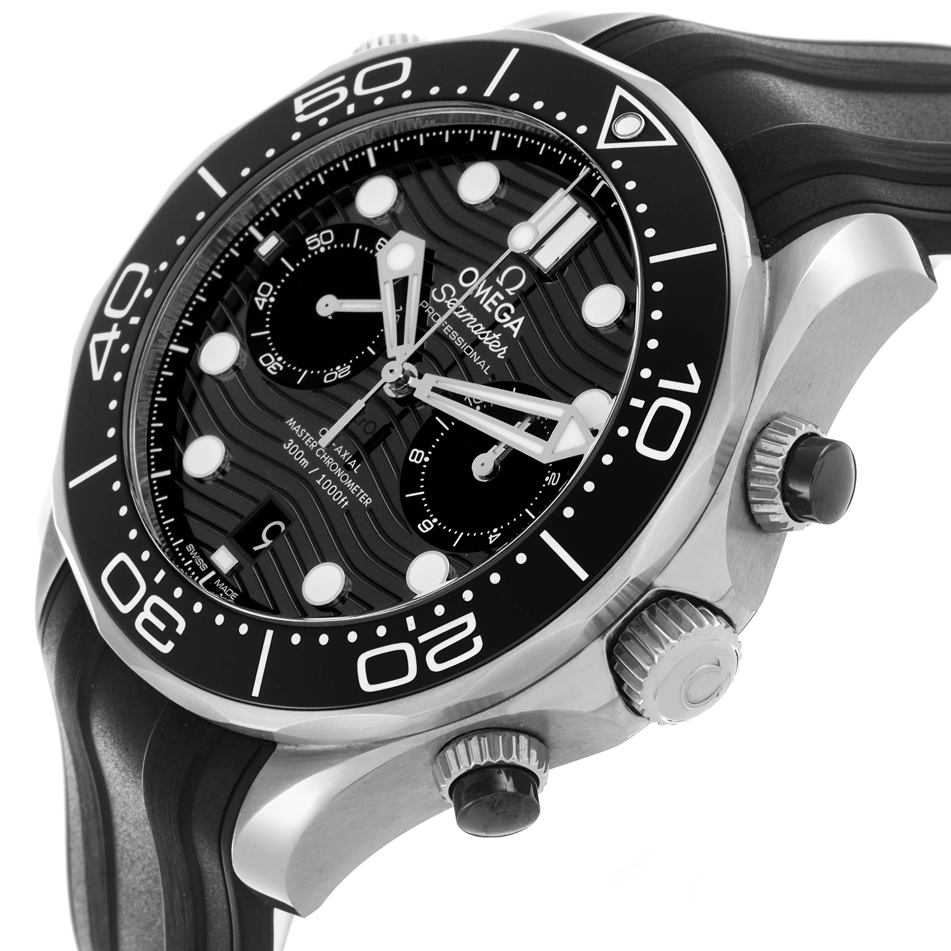 The Omega Seamaster 210.32.44.51.01.001 Men's Stainless Steel Black Dial 210.32.44.51.01.001 Men's Stainless Steel Black Dial watch is shown at an angle highlighting the dial, bezel, crown, and chronograph pushers.