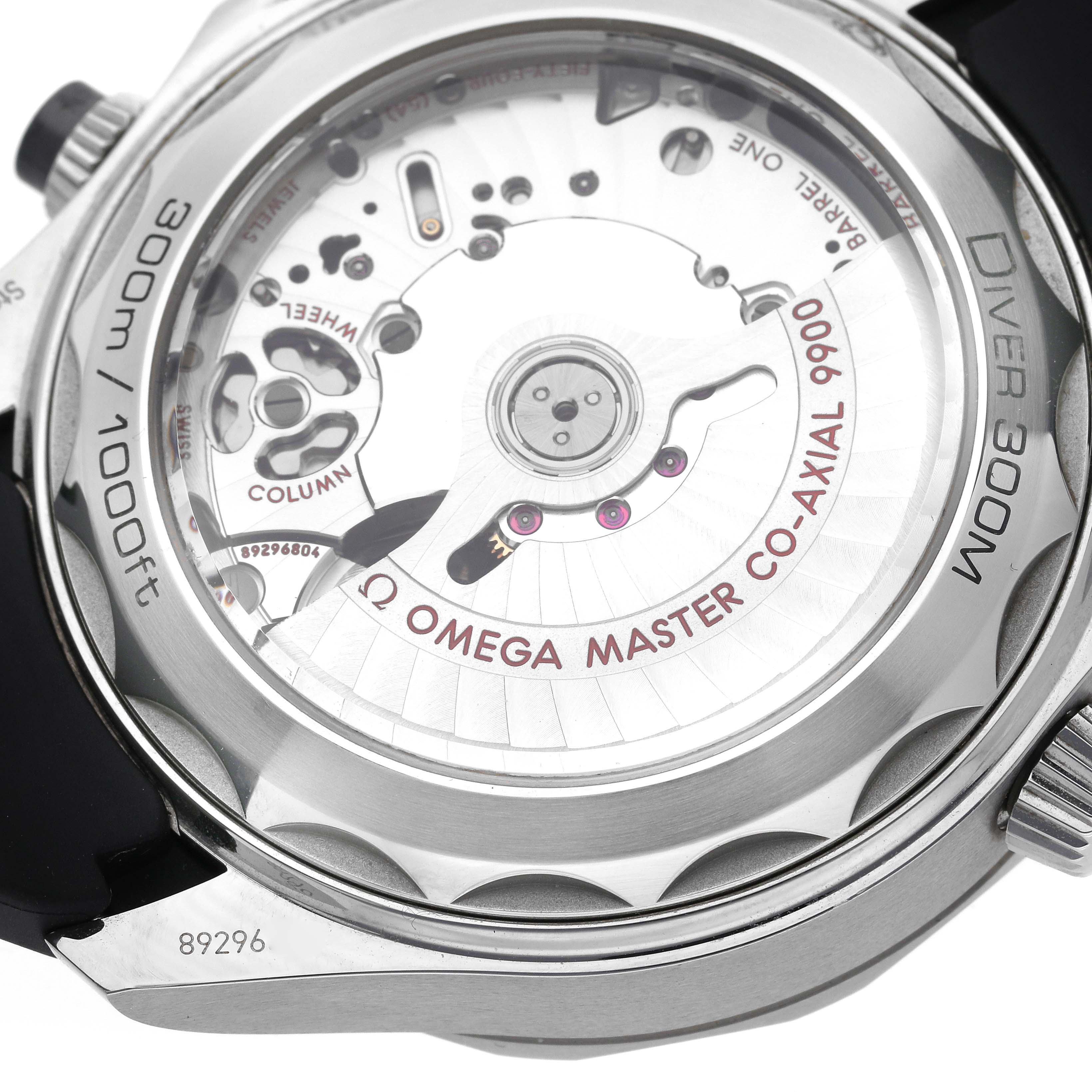 The image shows the backside of an Omega Seamaster 210.32.44.51.01.001 Men's Stainless Steel Black Dial 210.32.44.51.01.001 Men's Stainless Steel Black Dial watch, displaying its exposed movement and case details.