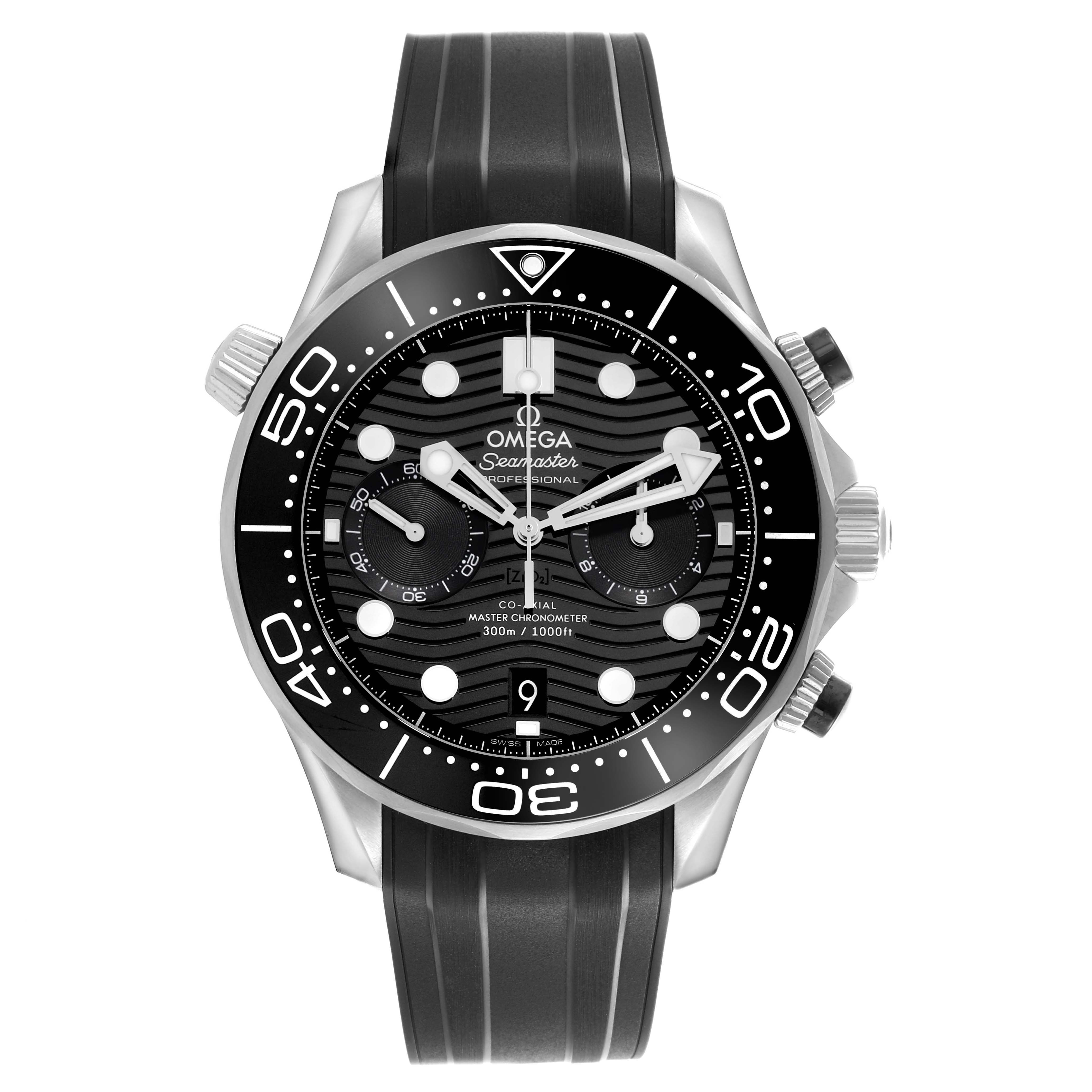 The image shows a front view of an Omega Seamaster 210.32.44.51.01.001 Men's Stainless Steel Black Dial 210.32.44.51.01.001 Men's Stainless Steel Black Dial watch with its black dial, bezel, and rubber strap.
