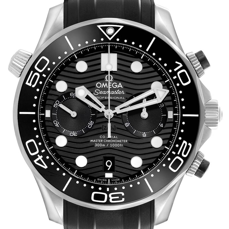 The Omega Seamaster watch is shown from a front angle, highlighting the dial, bezel, and pushers.