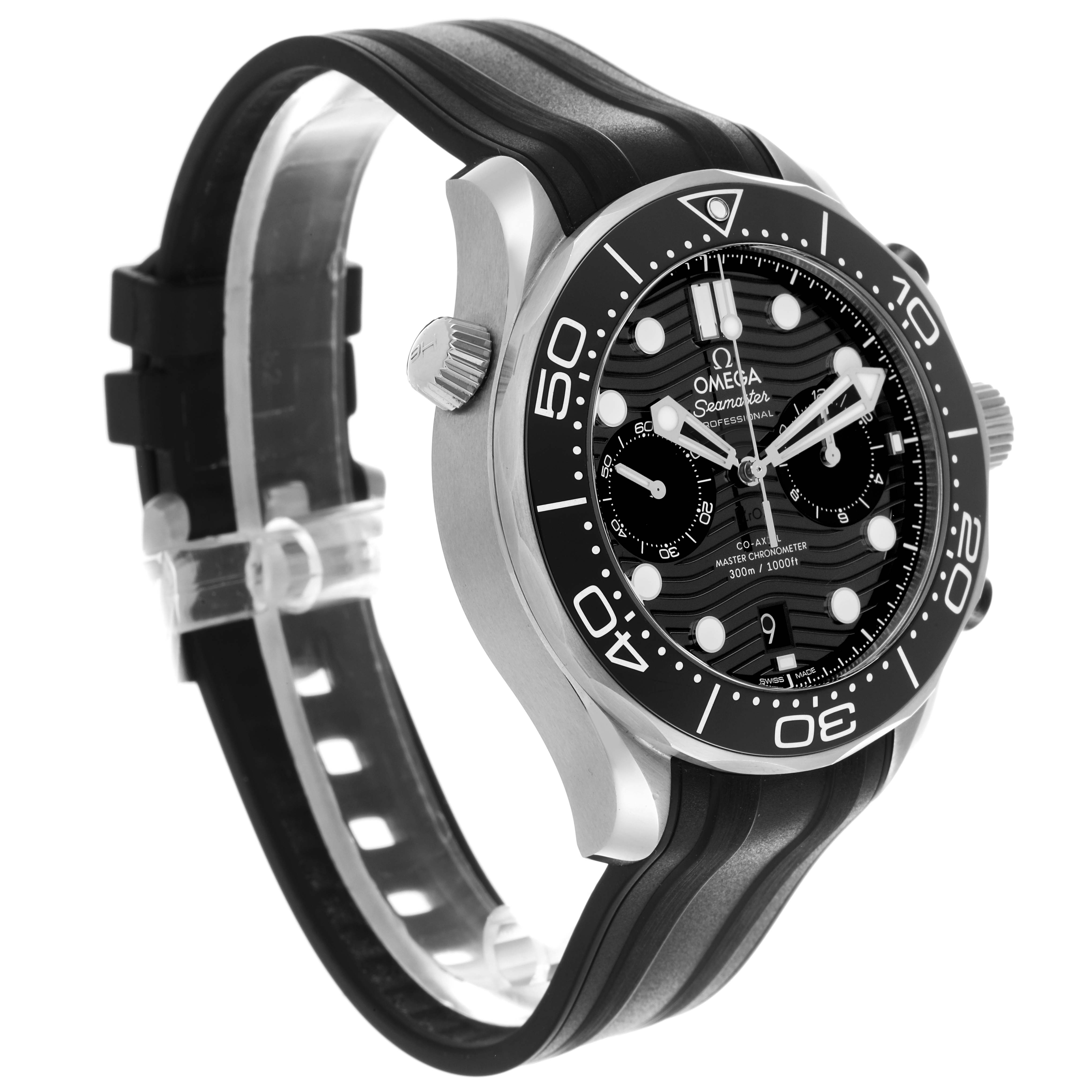 The Omega Seamaster 210.32.44.51.01.001 Men's Stainless Steel Black Dial 210.32.44.51.01.001 Men's Stainless Steel Black Dial watch is shown at a three-quarter angle, highlighting the bezel, crown, dial, and rubber strap.