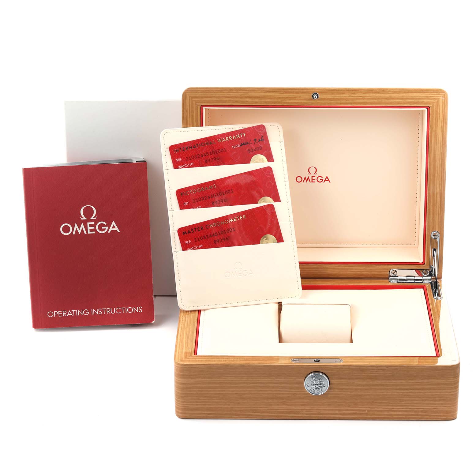 The image shows an Omega Seamaster 210.32.44.51.01.001 Men's Stainless Steel Black Dial 210.32.44.51.01.001 Men's Stainless Steel Black Dial watch box, warranty cards, and operating instructions from a front angle.