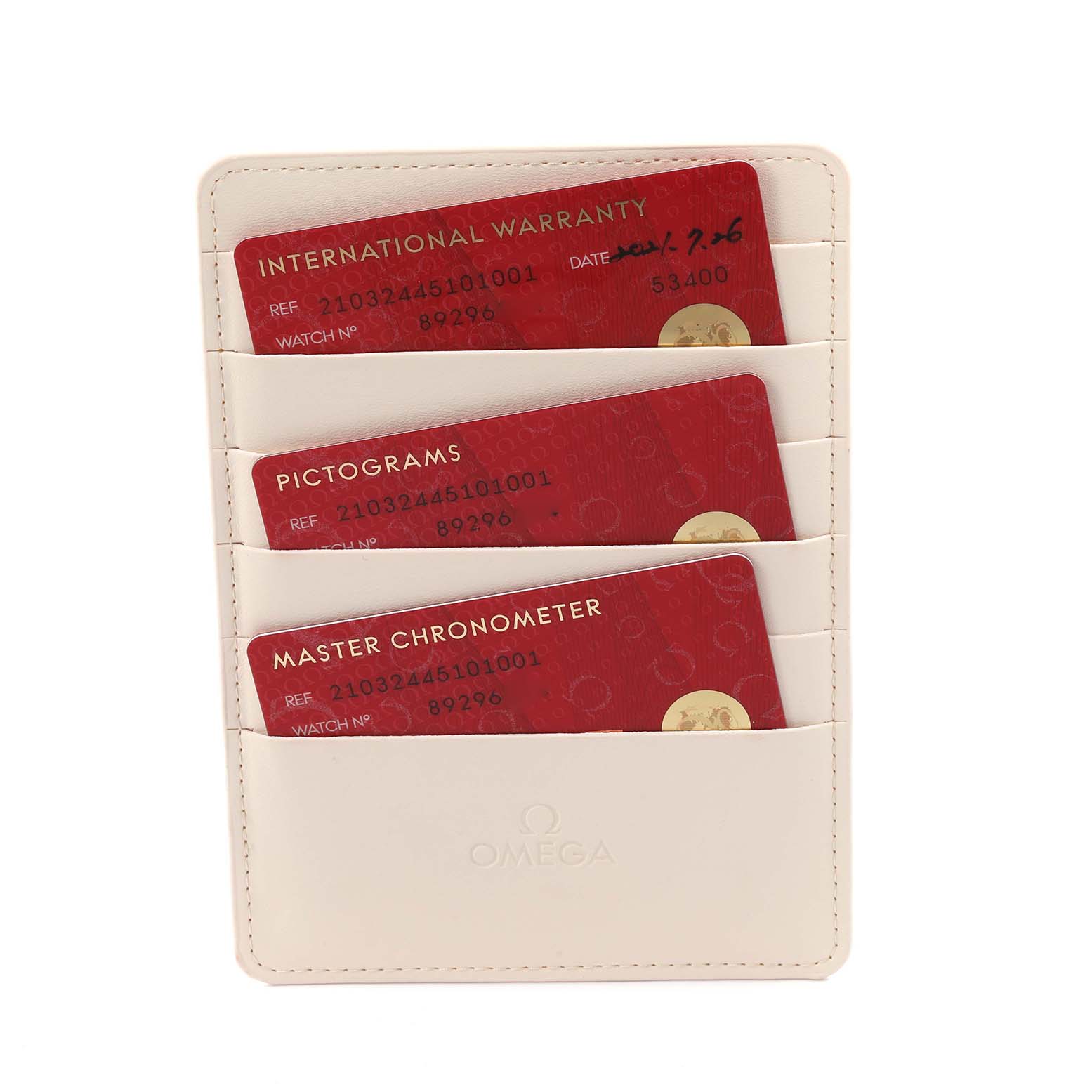 The image shows Omega Seamaster 210.32.44.51.01.001 Men's Stainless Steel Black Dial 210.32.44.51.01.001 Men's Stainless Steel Black Dial accessories, specifically warranty and information cards in a white card holder.