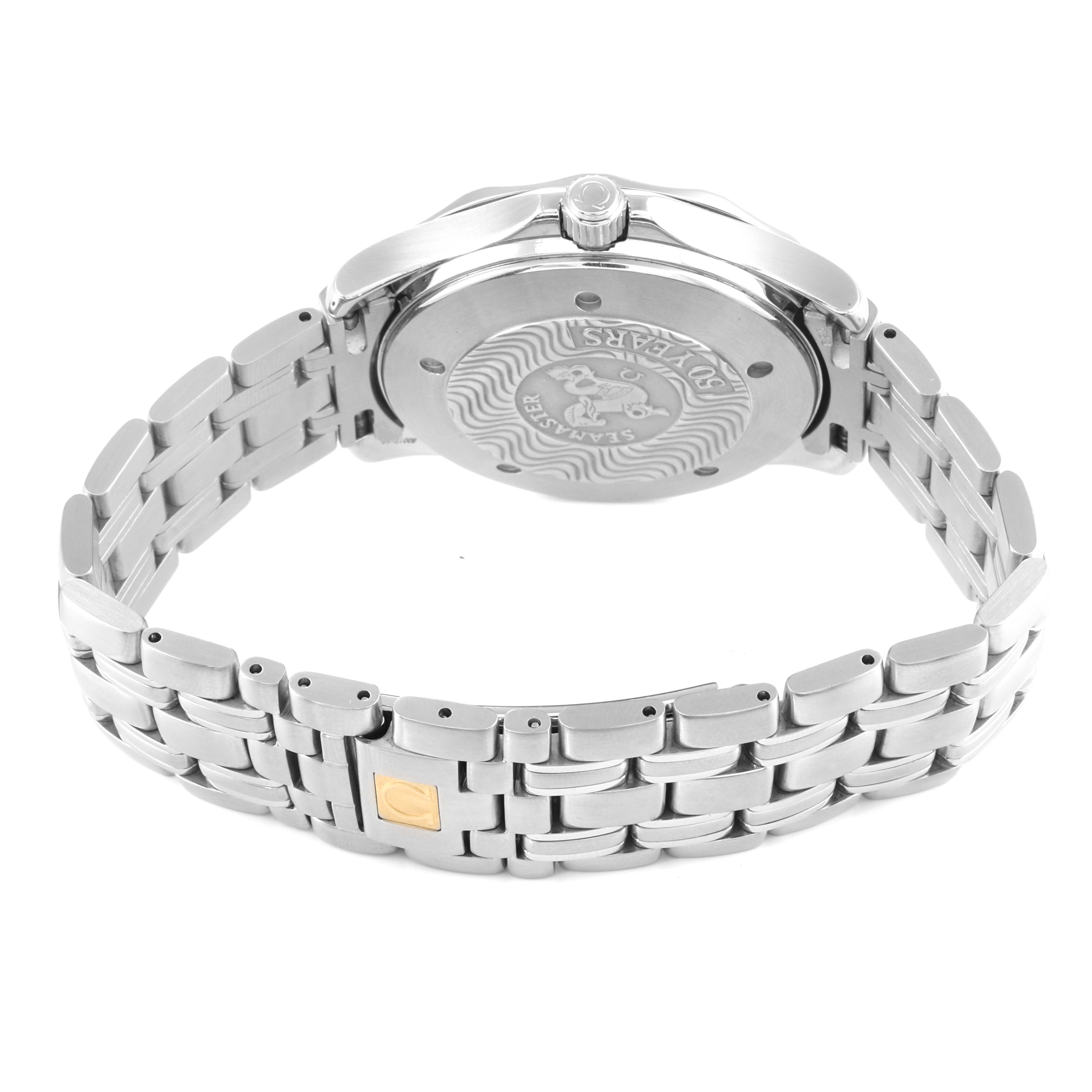 The image shows the back case and metal bracelet of an Omega Seamaster 2534.50.00 Men's Stainless Steel Black Dial 2534.50.00 Men's Stainless Steel Black Dial watch.