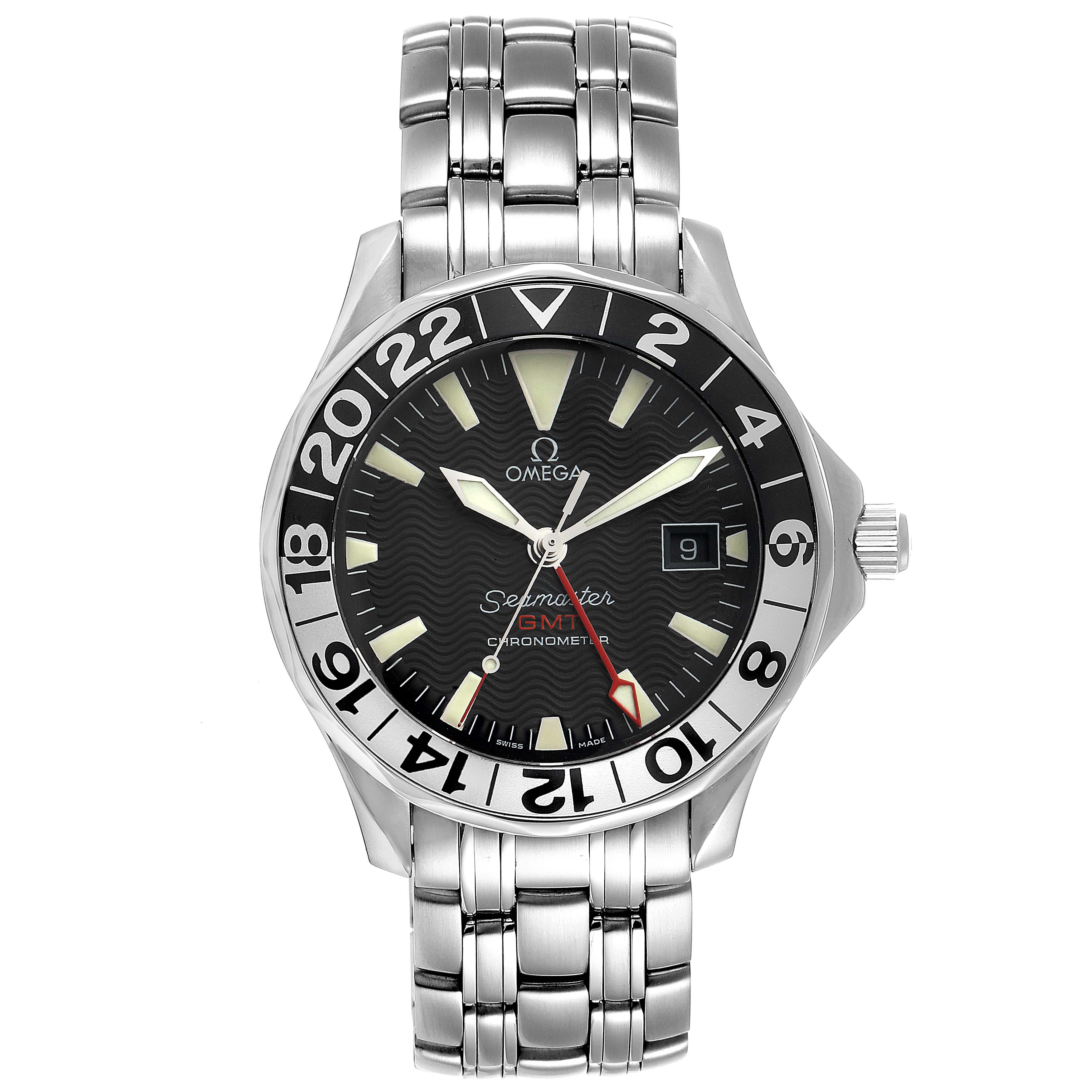 The image shows a front view of an Omega Seamaster 2534.50.00 Men's Stainless Steel Black Dial 2534.50.00 Men's Stainless Steel Black Dial GMT Chronometer watch, displaying its face, hands, and bracelet.