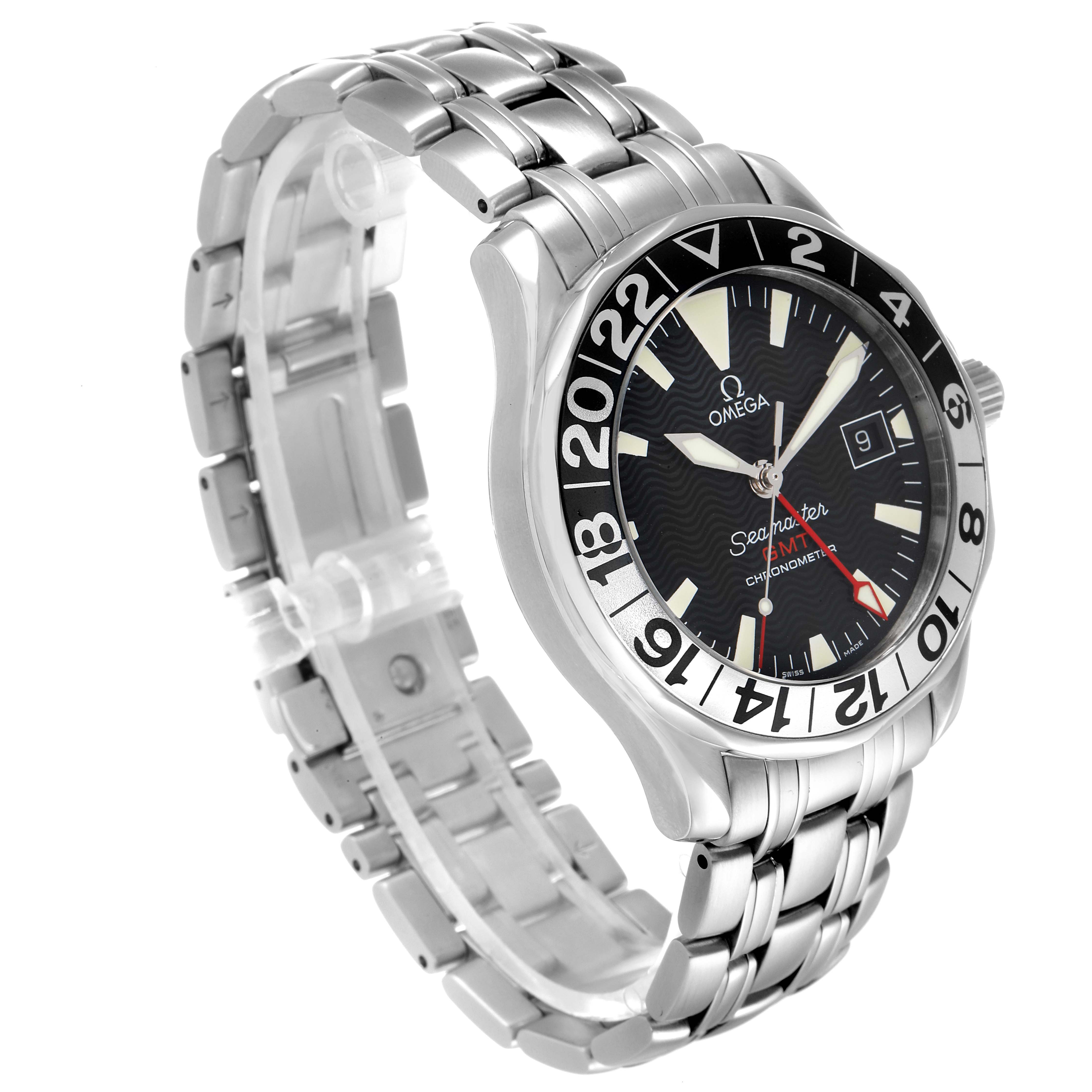 The image shows an Omega Seamaster 2534.50.00 Men's Stainless Steel Black Dial 2534.50.00 Men's Stainless Steel Black Dial GMT Chronometer watch with a stainless steel bracelet at a slight angle.