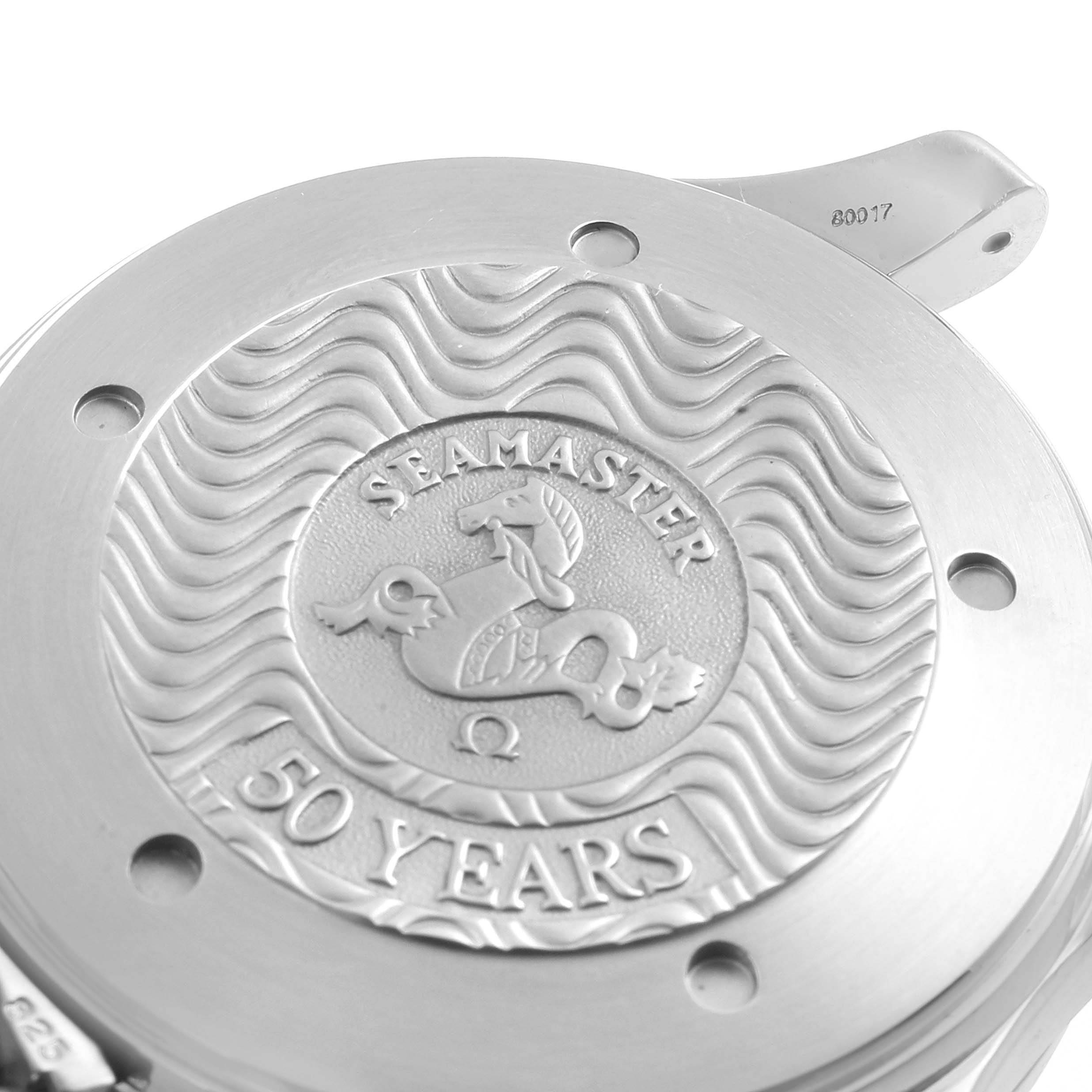 This image shows the case back of an Omega Seamaster 2534.50.00 Men's Stainless Steel Black Dial 2534.50.00 Men's Stainless Steel Black Dial watch, featuring a "50 Years" engraving.