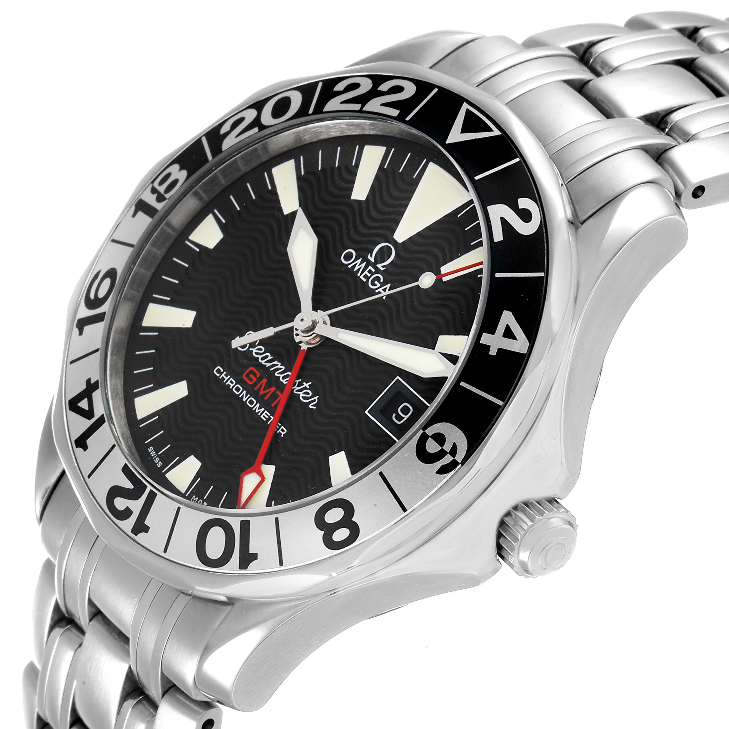 The image shows an angled view of the Omega Seamaster 2534.50.00 Men's Stainless Steel Black Dial 2534.50.00 Men's Stainless Steel Black Dial watch, highlighting the dial, bezel, crown, and part of the bracelet.