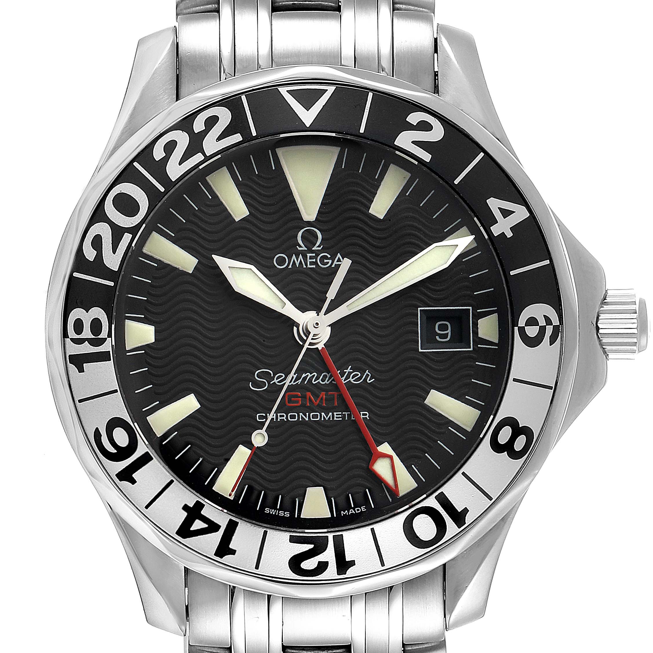 This image shows a front view of the Omega Seamaster 2534.50.00 Men's Stainless Steel Black Dial 2534.50.00 Men's Stainless Steel Black Dial GMT watch, highlighting its dial, hands, date window, and bezel markings.
