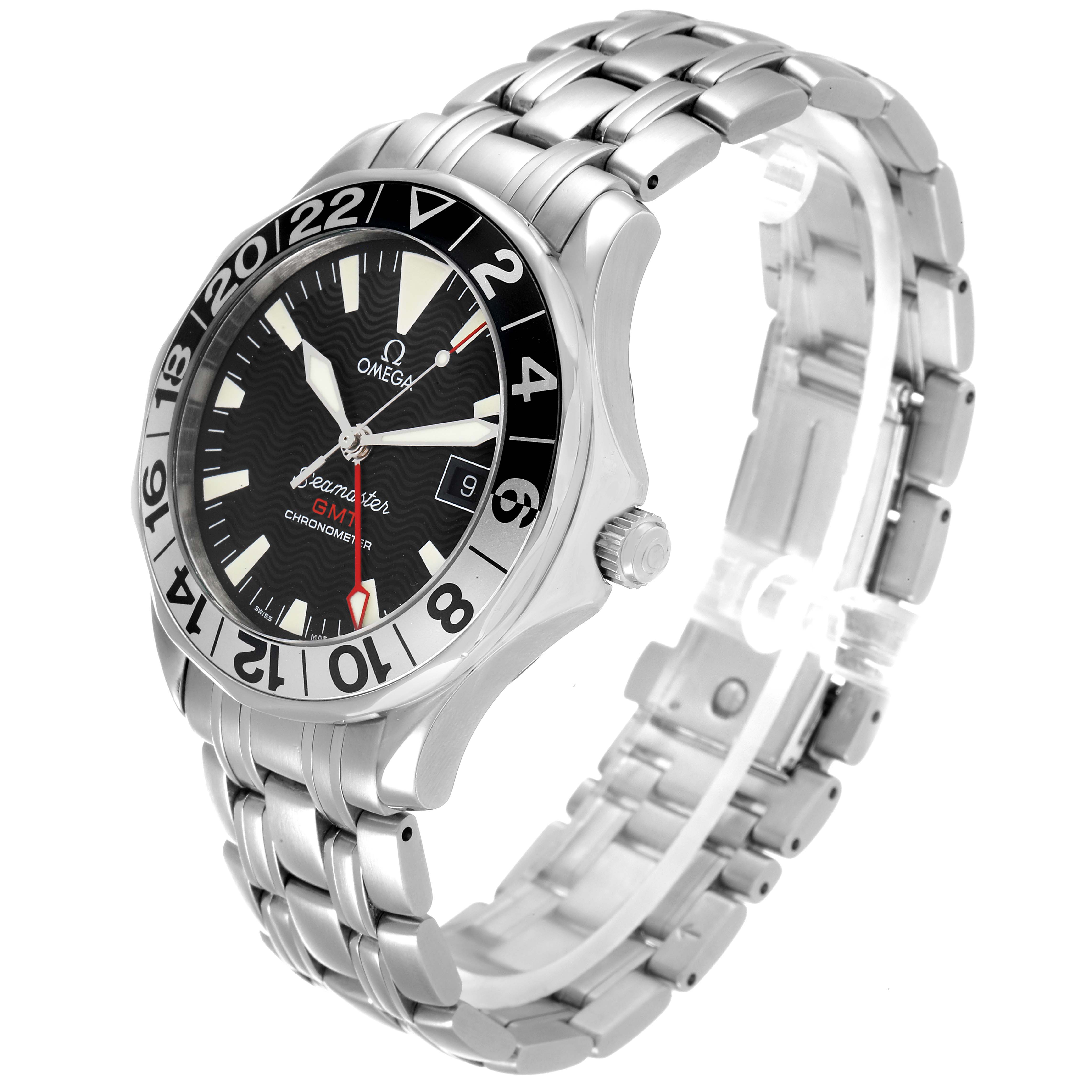 The Omega Seamaster 2534.50.00 Men's Stainless Steel Black Dial 2534.50.00 Men's Stainless Steel Black Dial watch is shown from a three-quarter angle, highlighting the dial, bezel, and stainless steel bracelet.