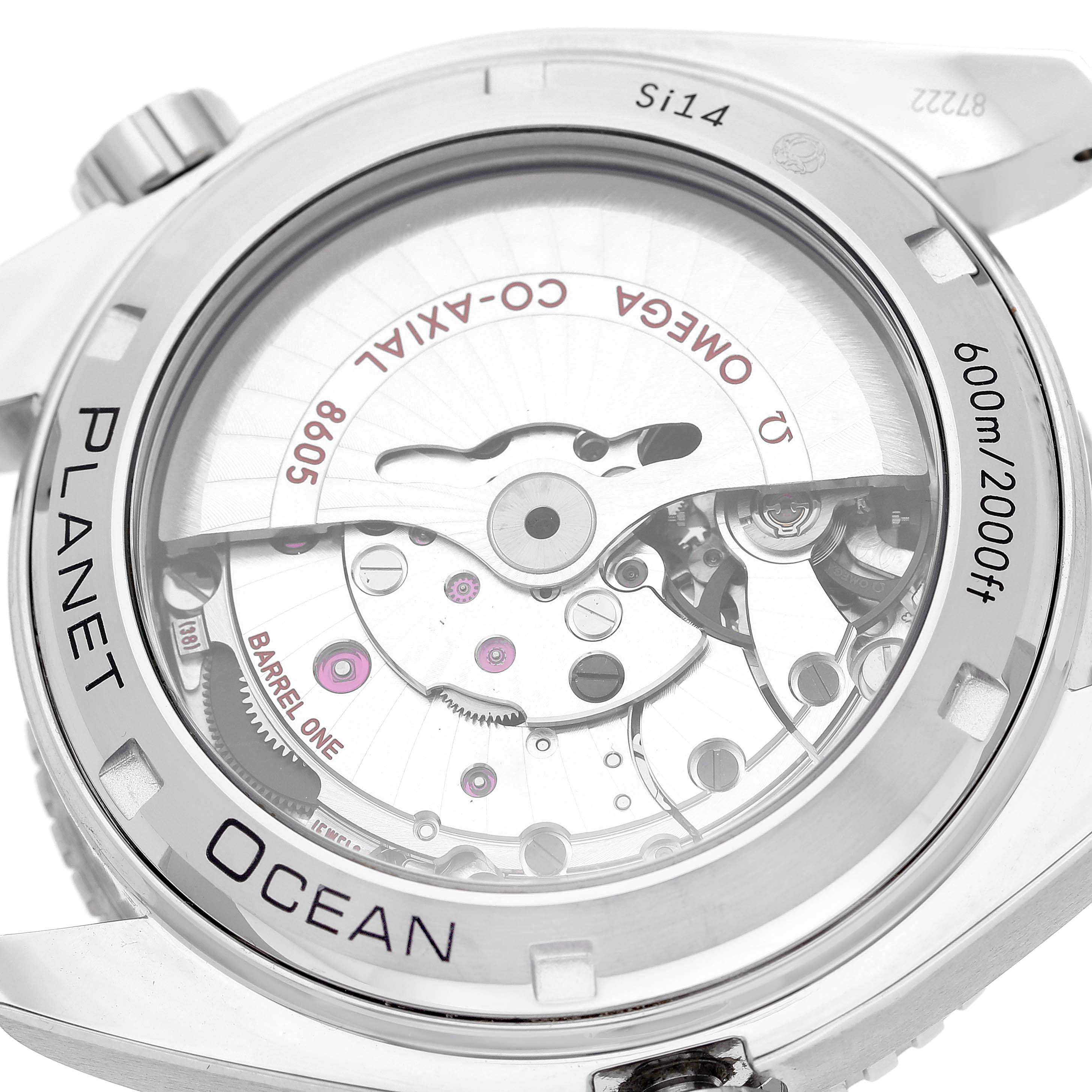 The image shows the caseback of the Omega Planet Ocean 232.32.44.22.01.001 Men
s Stainless Steel Black Dial 232.32.44.22.01.001 Men
s Stainless Steel Black Dial watch, highlighting its internal mechanical movement and engravings.