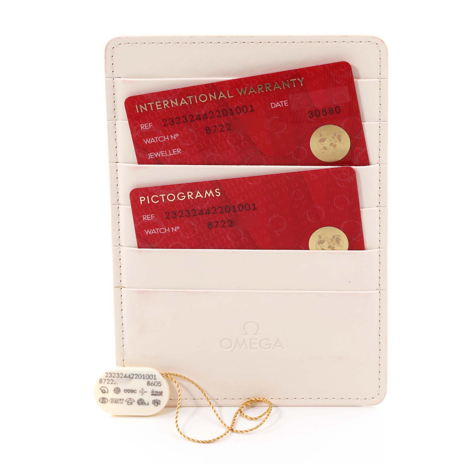 The image shows the warranty and pictogram cards along with the tag for an Omega Planet Ocean 232.32.44.22.01.001 Men
s Stainless Steel Black Dial 232.32.44.22.01.001 Men
s Stainless Steel Black Dial watch.