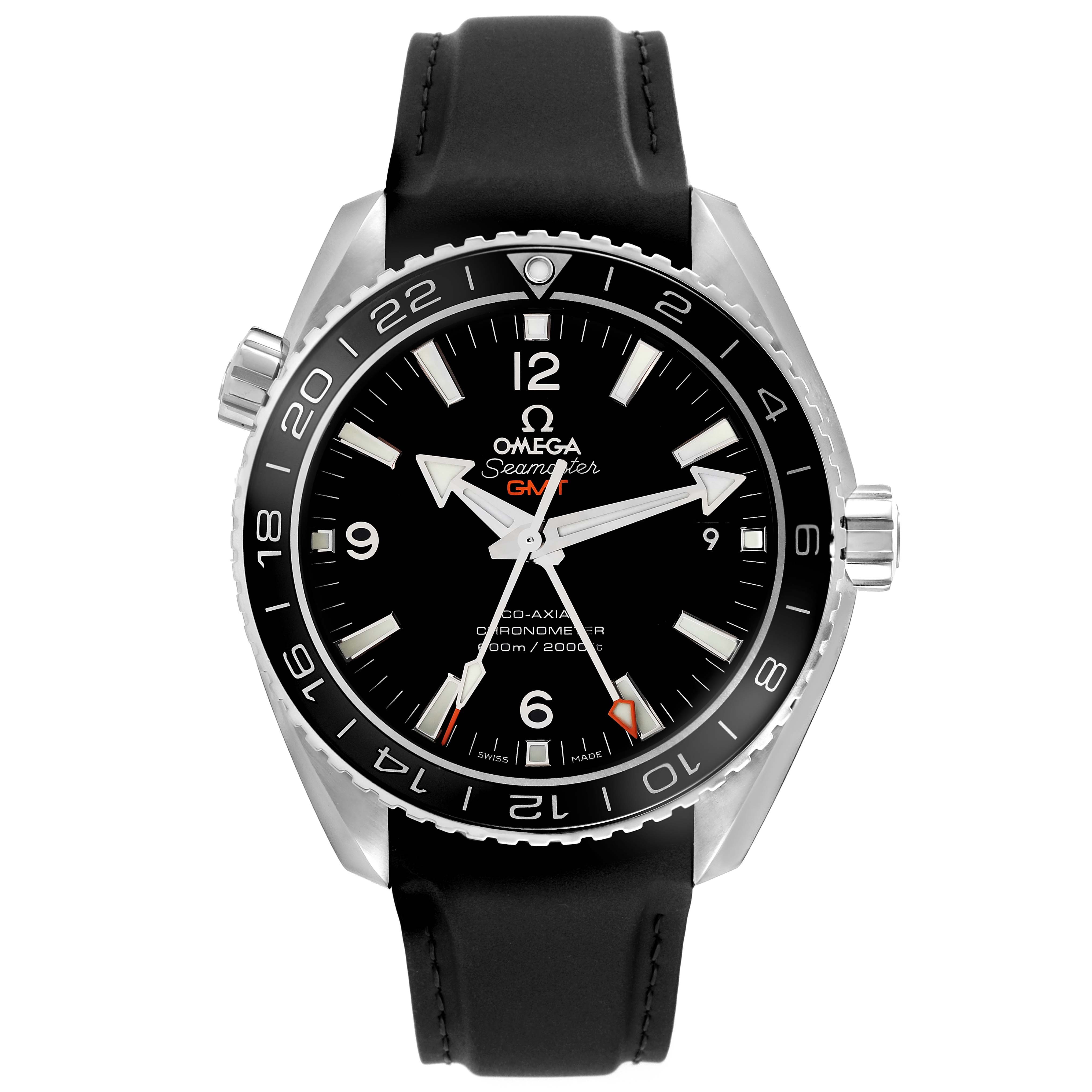The Omega Planet Ocean 232.32.44.22.01.001 Men
s Stainless Steel Black Dial 232.32.44.22.01.001 Men
s Stainless Steel Black Dial watch is shown from a front angle displaying its dial, bezel, and black strap.