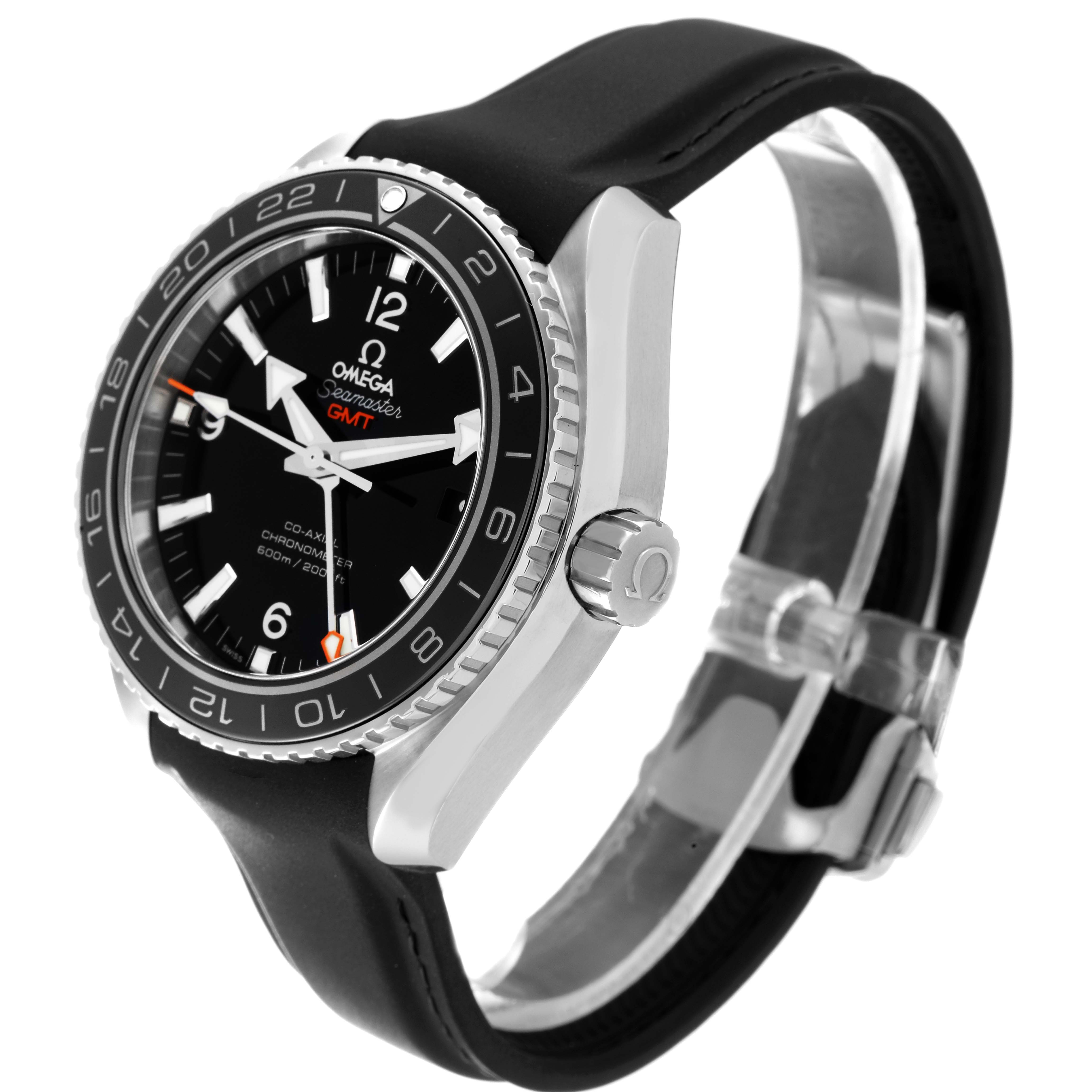 The image shows a side and front angle of the Omega Planet Ocean 232.32.44.22.01.001 Men
s Stainless Steel Black Dial 232.32.44.22.01.001 Men
s Stainless Steel Black Dial watch, detailing its black dial, bezel, and strap.