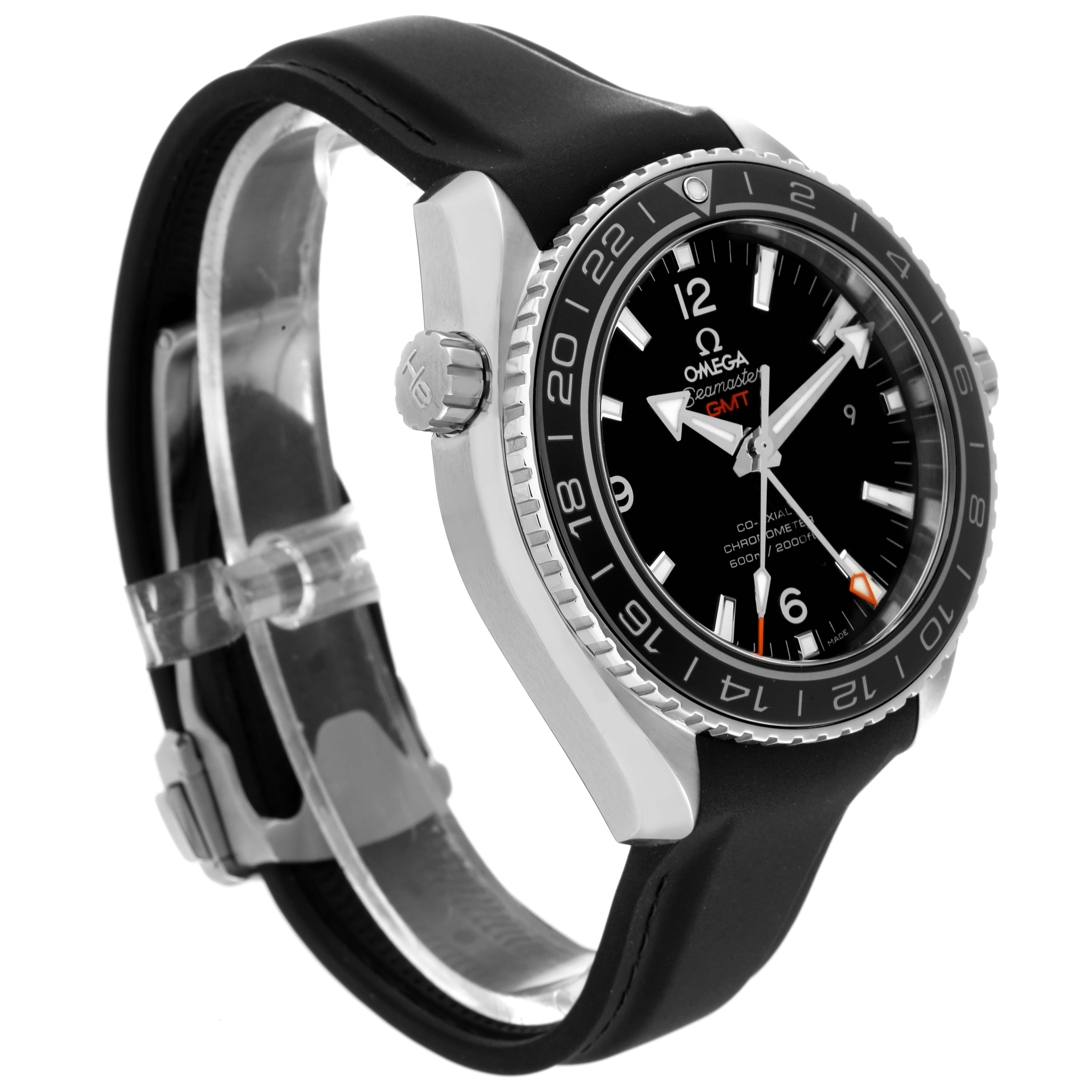 The image shows an Omega Planet Ocean 232.32.44.22.01.001 Men
s Stainless Steel Black Dial 232.32.44.22.01.001 Men
s Stainless Steel Black Dial watch from a side-angle view, highlighting the bezel, crown, dial, and strap.