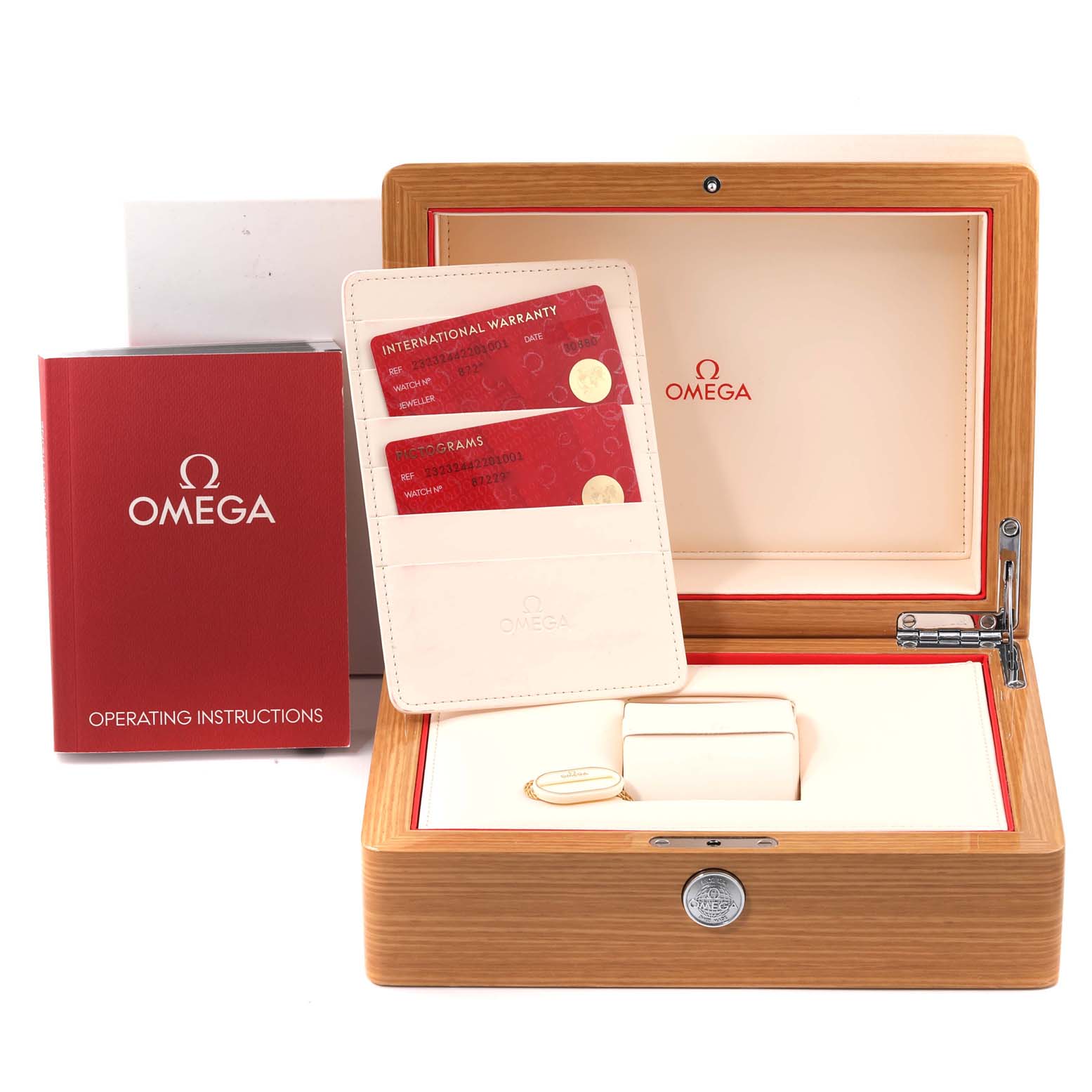 The image shows the packaging, operating instructions, warranty cards, and the box for an Omega Planet Ocean 232.32.44.22.01.001 Men
s Stainless Steel Black Dial 232.32.44.22.01.001 Men
s Stainless Steel Black Dial watch.
