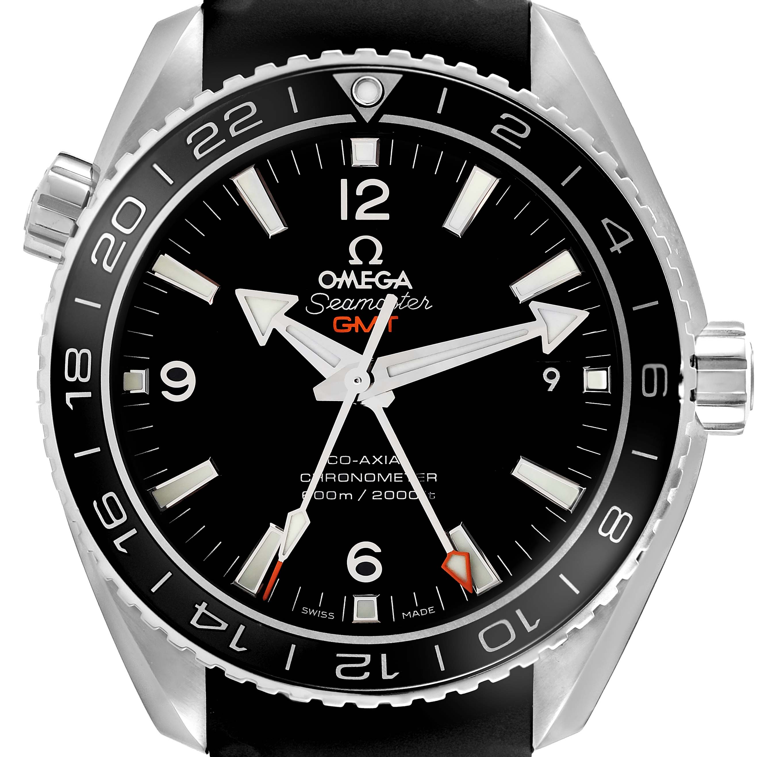 This image shows a front view of the dial and bezel of the Omega Seamaster Planet Ocean GMT watch.