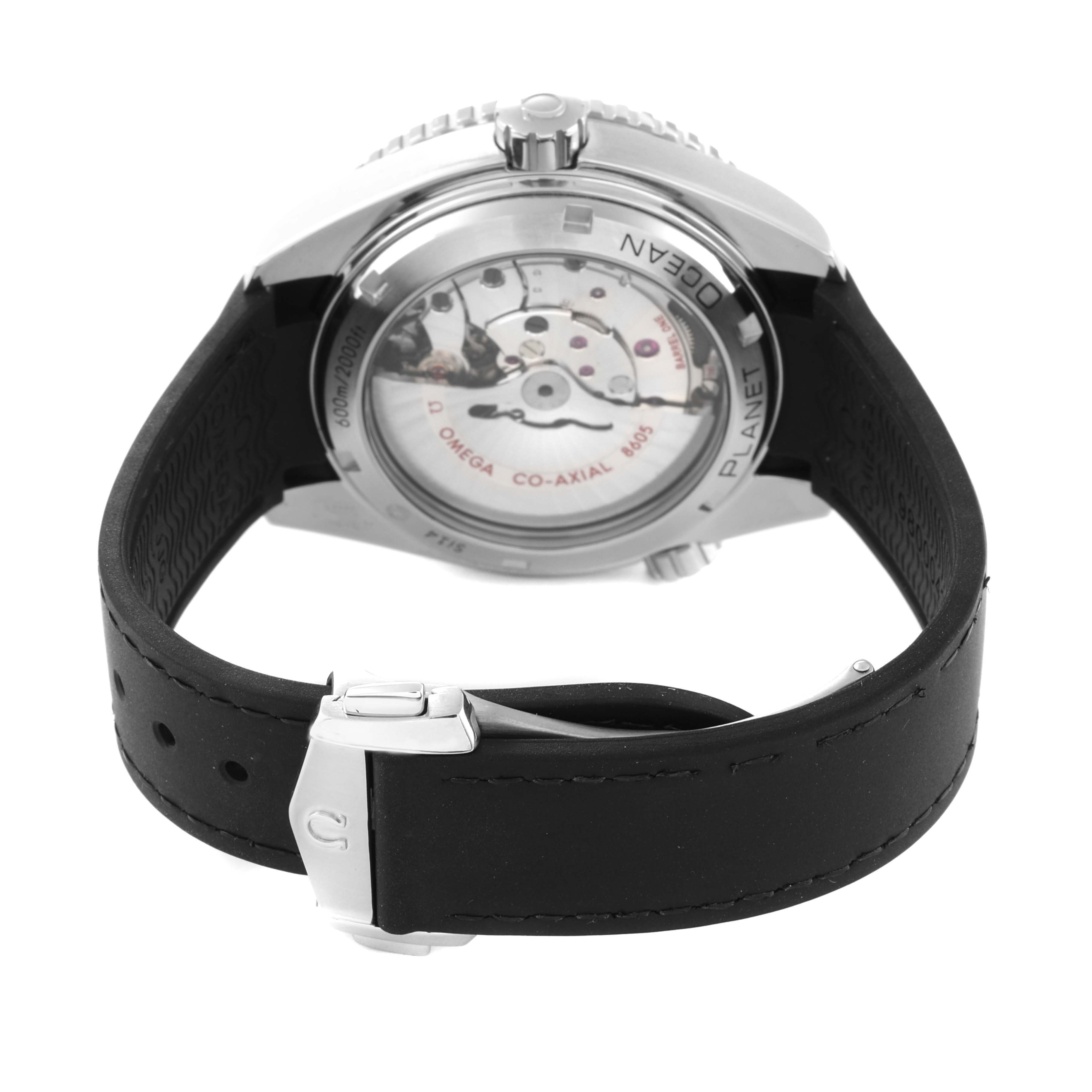 This image shows the back view of the Omega Planet Ocean 232.32.44.22.01.001 Men
s Stainless Steel Black Dial 232.32.44.22.01.001 Men
s Stainless Steel Black Dial watch, highlighting the transparent case back and black strap.