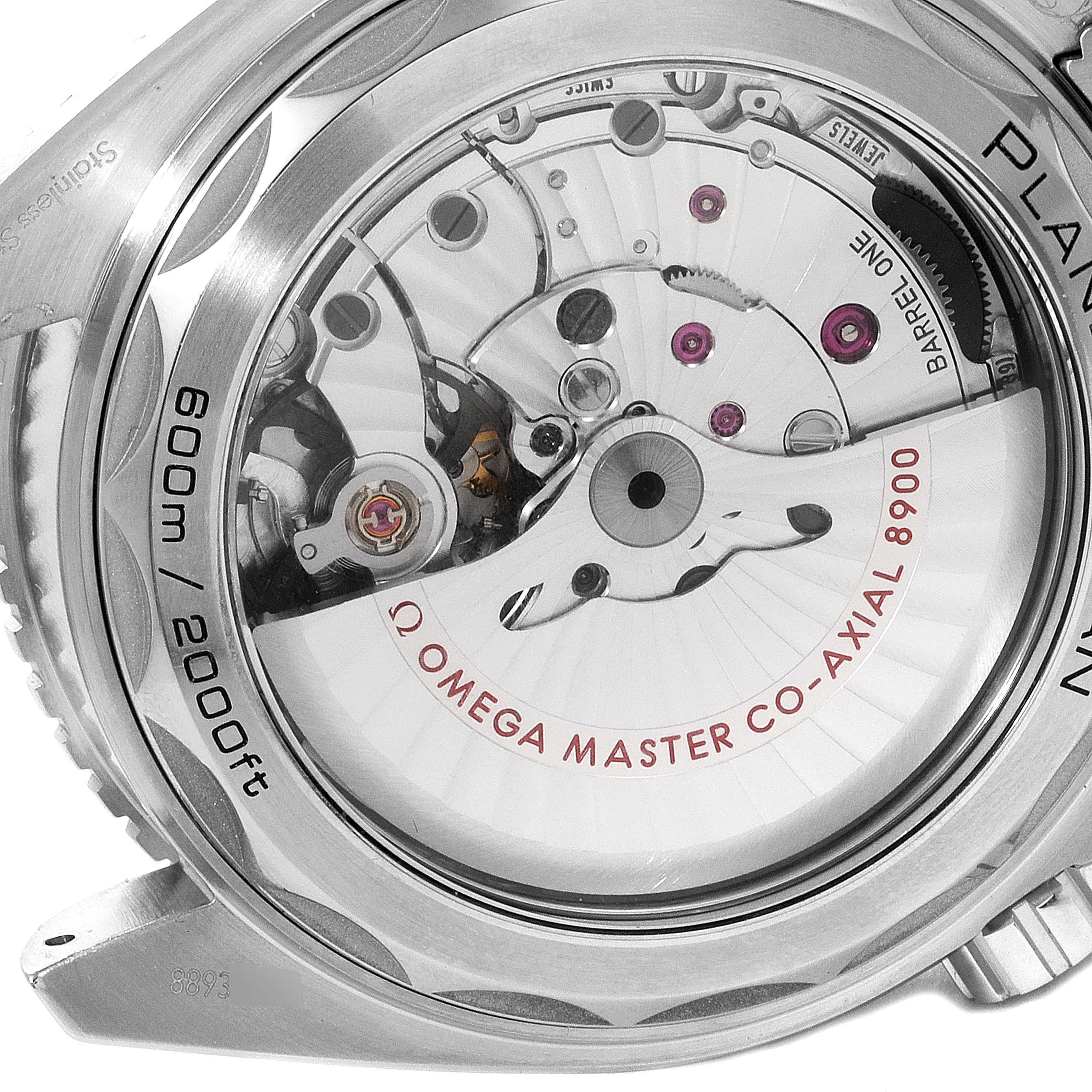 This image shows the back view of the Omega Planet Ocean 215.30.44.21.03.001 Men's Stainless Steel Blue Dial 215.30.44.21.03.001 Men's Stainless Steel Blue Dial watch, highlighting its Omega Master Co-Axial 8900 movement.