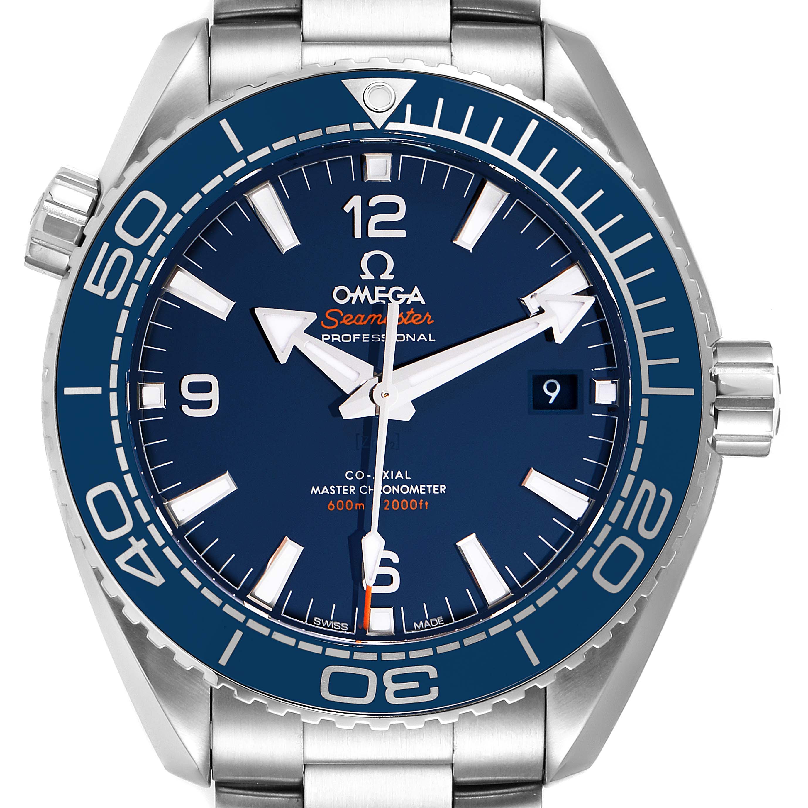 The image shows the Omega Planet Ocean 215.30.44.21.03.001 Men's Stainless Steel Blue Dial 215.30.44.21.03.001 Men's Stainless Steel Blue Dial watch from a front angle, displaying the watch face, bezel, and part of the bracelet.