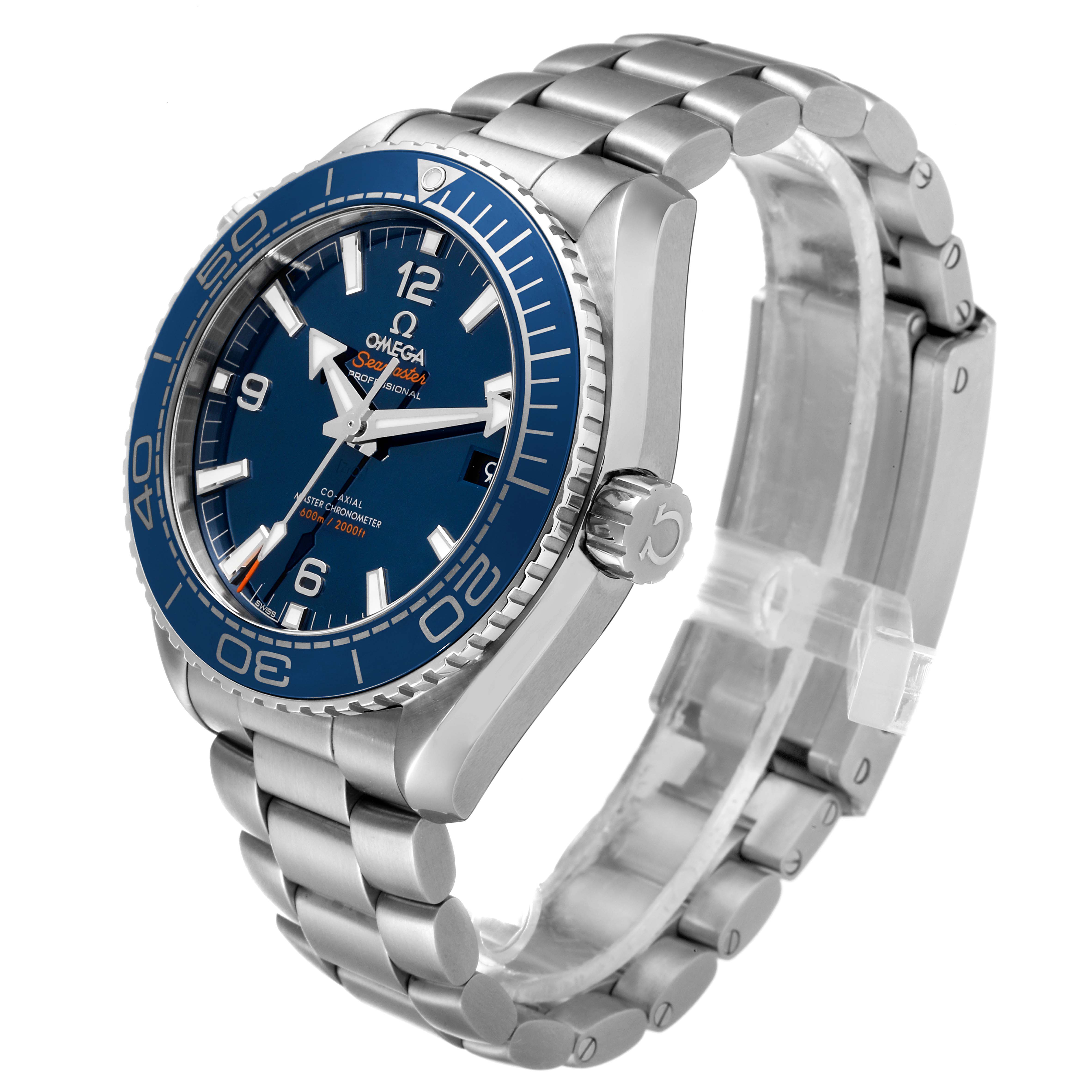 The image shows a side angle of an Omega Planet Ocean 215.30.44.21.03.001 Men's Stainless Steel Blue Dial 215.30.44.21.03.001 Men's Stainless Steel Blue Dial watch, highlighting its dial, bezel, and stainless steel bracelet.