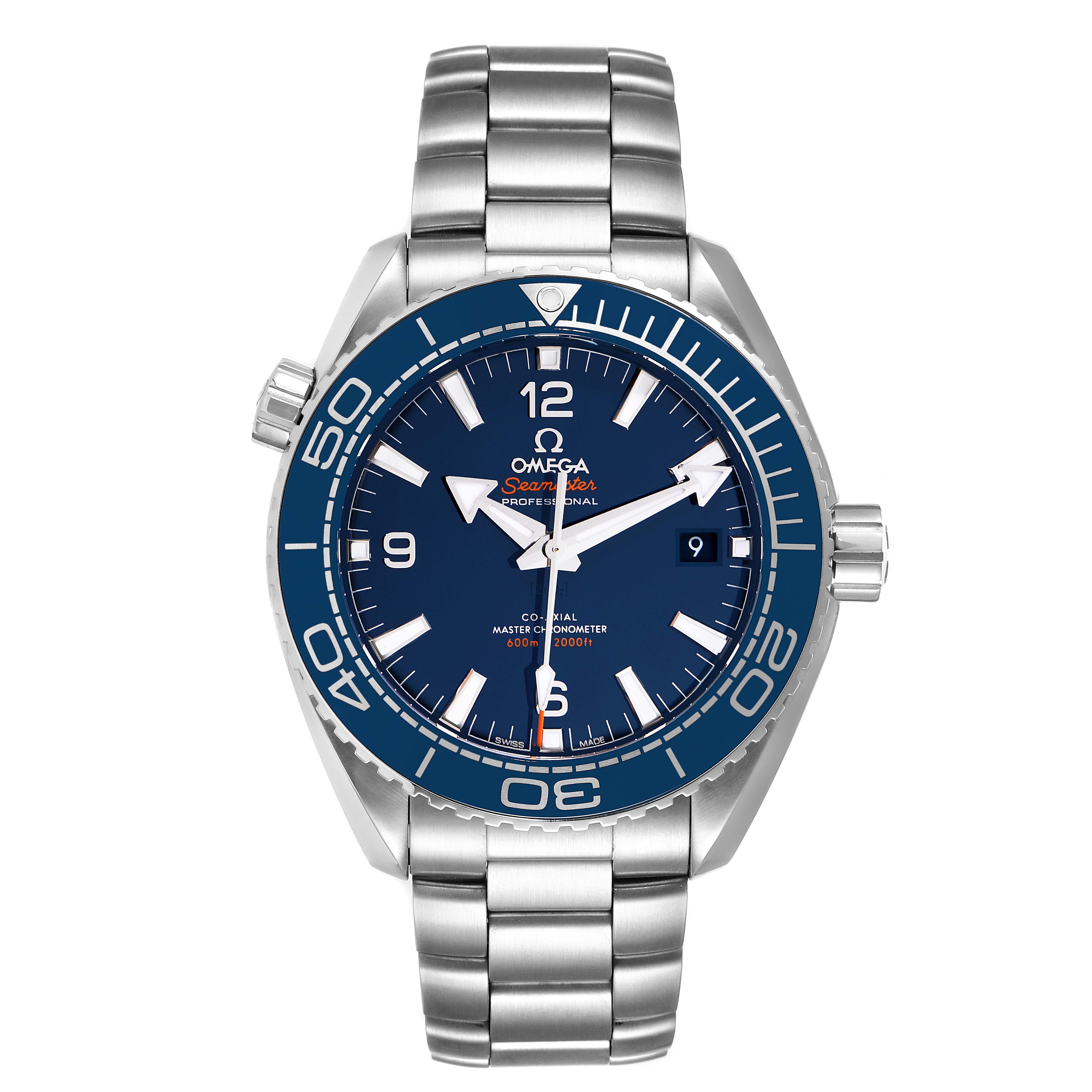 The image shows a front view of the Omega Planet Ocean 215.30.44.21.03.001 Men's Stainless Steel Blue Dial 215.30.44.21.03.001 Men's Stainless Steel Blue Dial model watch, displaying its blue dial, bezel, and stainless steel bracelet.