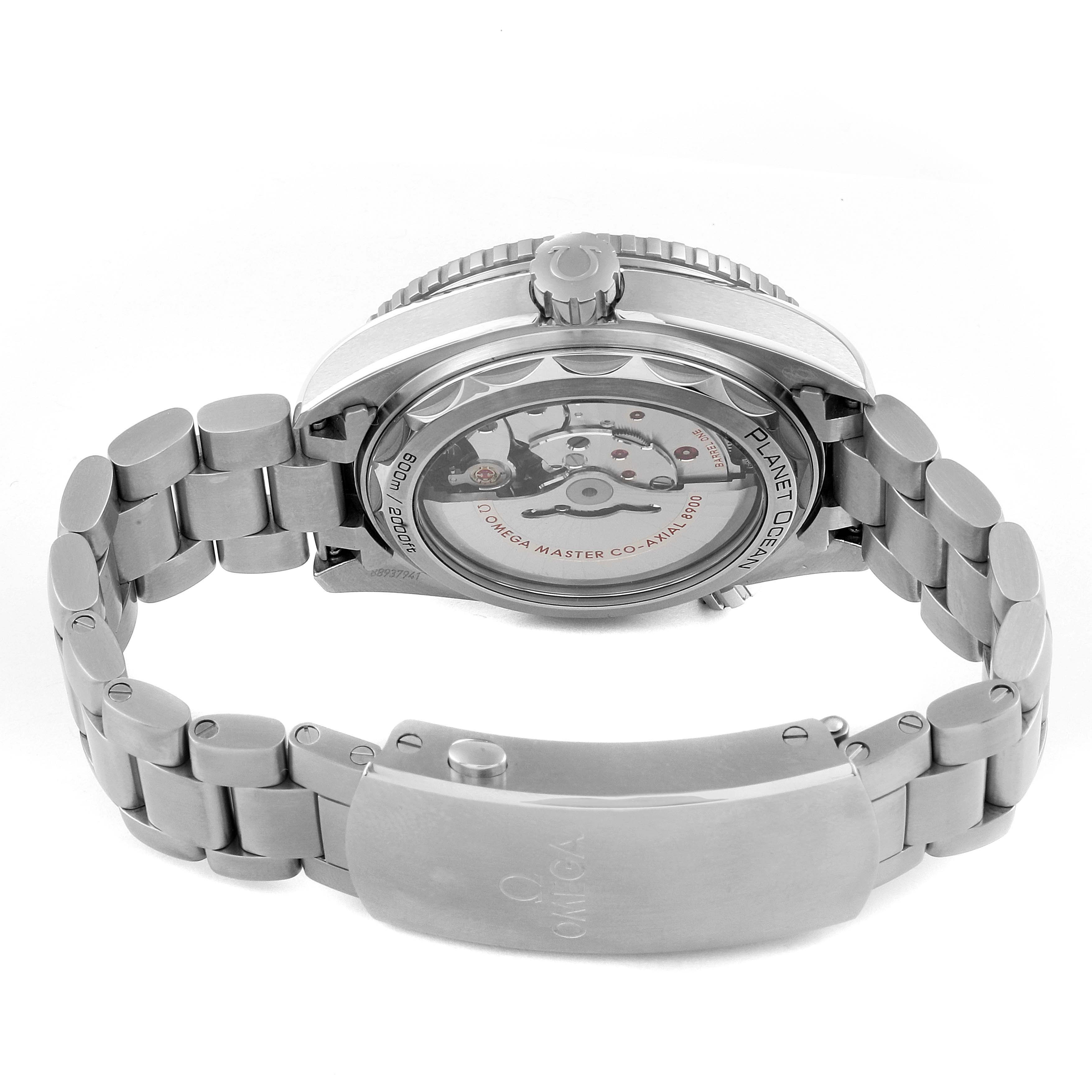 The image shows the back view of the Omega Planet Ocean 215.30.44.21.03.001 Men's Stainless Steel Blue Dial 215.30.44.21.03.001 Men's Stainless Steel Blue Dial watch, focusing on its open case back and stainless steel bracelet.