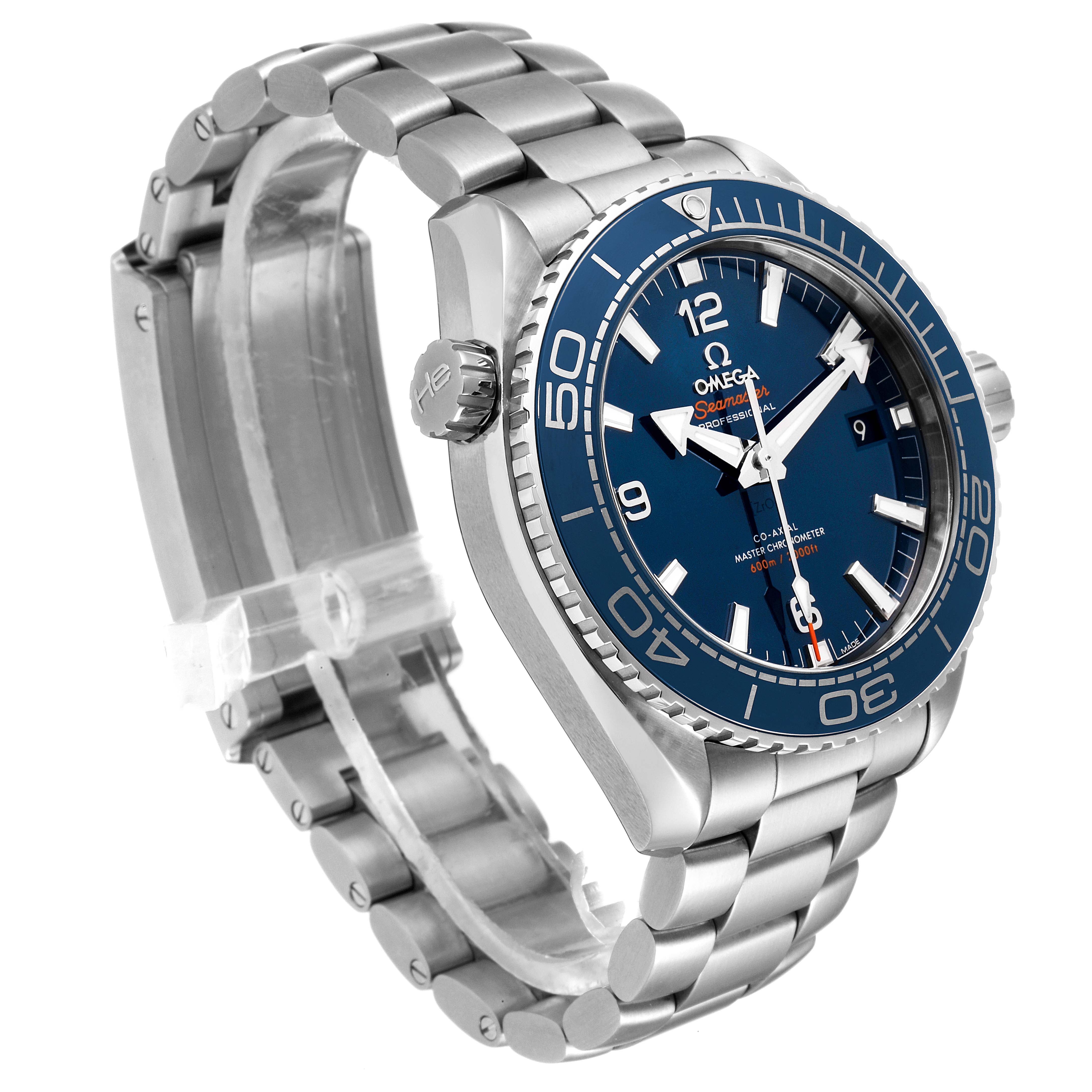 The image shows an angled view of the Omega Planet Ocean 215.30.44.21.03.001 Men's Stainless Steel Blue Dial 215.30.44.21.03.001 Men's Stainless Steel Blue Dial watch, highlighting its blue dial, bezel, stainless steel bracelet, and crown.