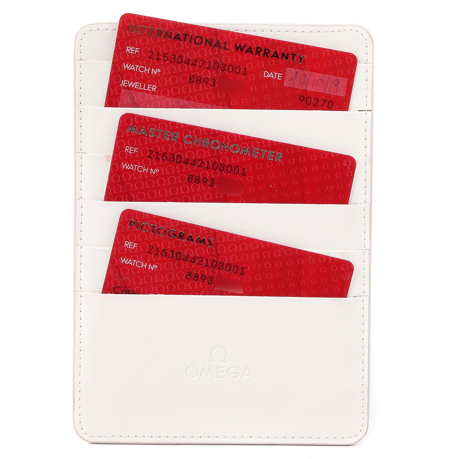 This image shows the warranty, master chronometer, and pictogram cards for the Omega Planet Ocean 215.30.44.21.03.001 Men's Stainless Steel Blue Dial 215.30.44.21.03.001 Men's Stainless Steel Blue Dial model, displayed in a white pouch.