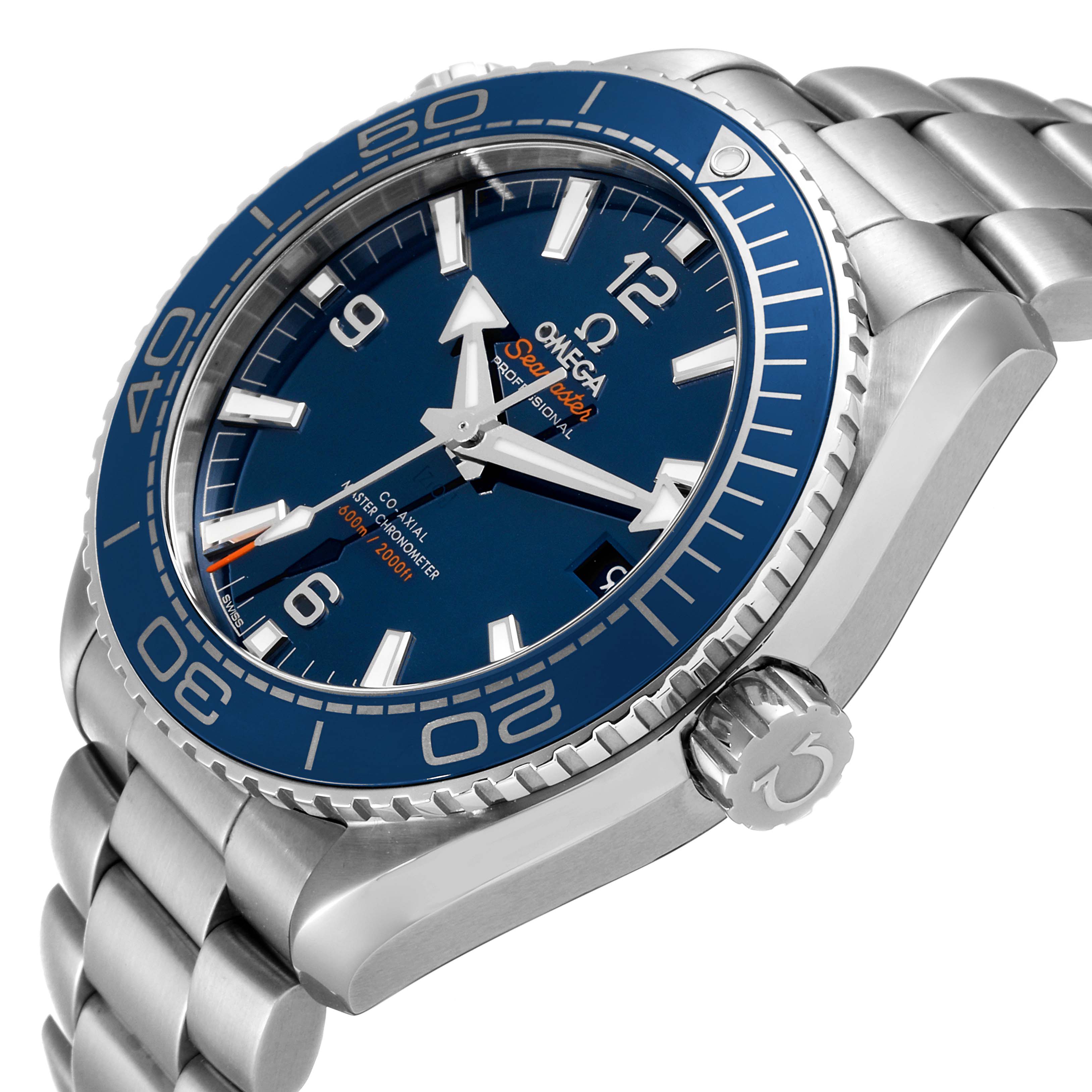 The image shows an angled view of the Omega Planet Ocean 215.30.44.21.03.001 Men's Stainless Steel Blue Dial 215.30.44.21.03.001 Men's Stainless Steel Blue Dial watch, highlighting the crown, bezel, dial, and bracelet.