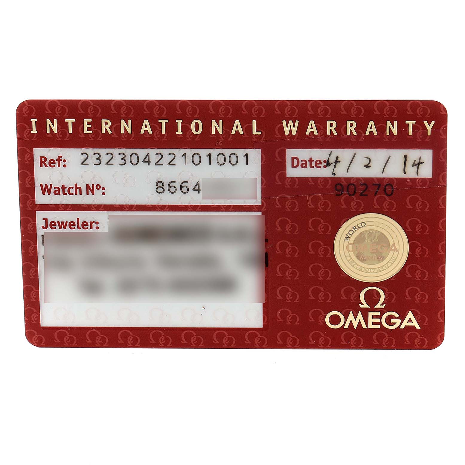 This is an international warranty card for an Omega Planet Ocean 232.30.42.21.01.001 Men
s Stainless Steel Black Dial 232.30.42.21.01.001 Men
s Stainless Steel Black Dial watch, displaying the reference number, watch number, date, jeweler
s information, and Omega branding.