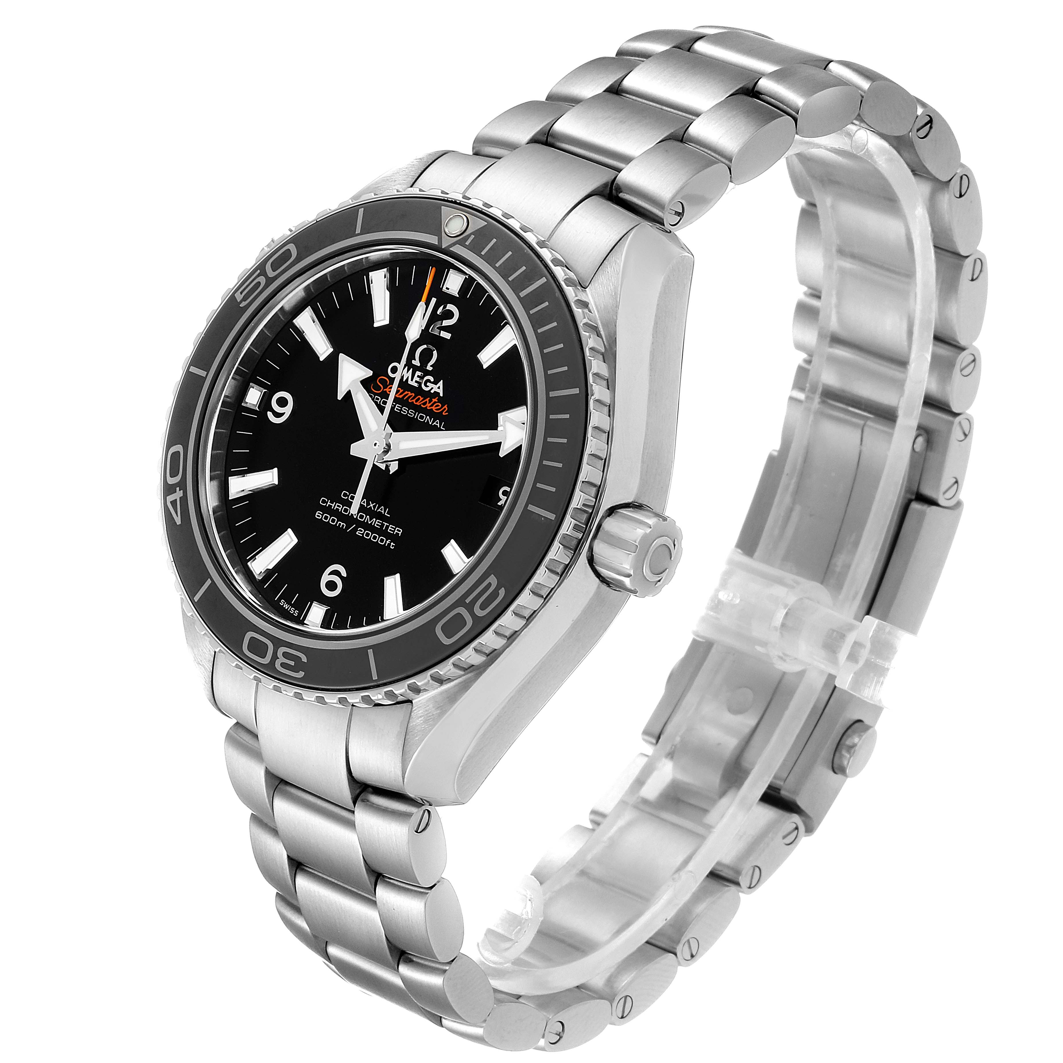 The image shows a three-quarter view of the Omega Planet Ocean 232.30.42.21.01.001 Men
s Stainless Steel Black Dial 232.30.42.21.01.001 Men
s Stainless Steel Black Dial watch, highlighting its face, bezel, crown, and brushed metal bracelet.