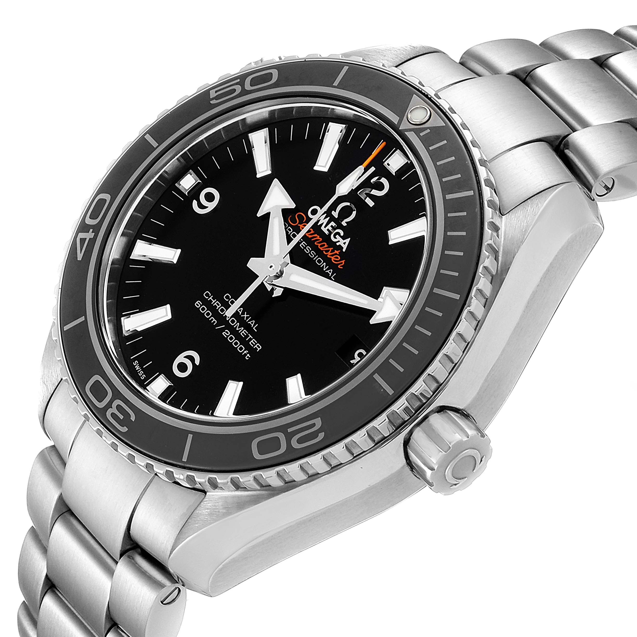 The image shows a close-up view of an Omega Planet Ocean 232.30.42.21.01.001 Men
s Stainless Steel Black Dial 232.30.42.21.01.001 Men
s Stainless Steel Black Dial watch, highlighting the dial, bezel, crown, and part of the bracelet.