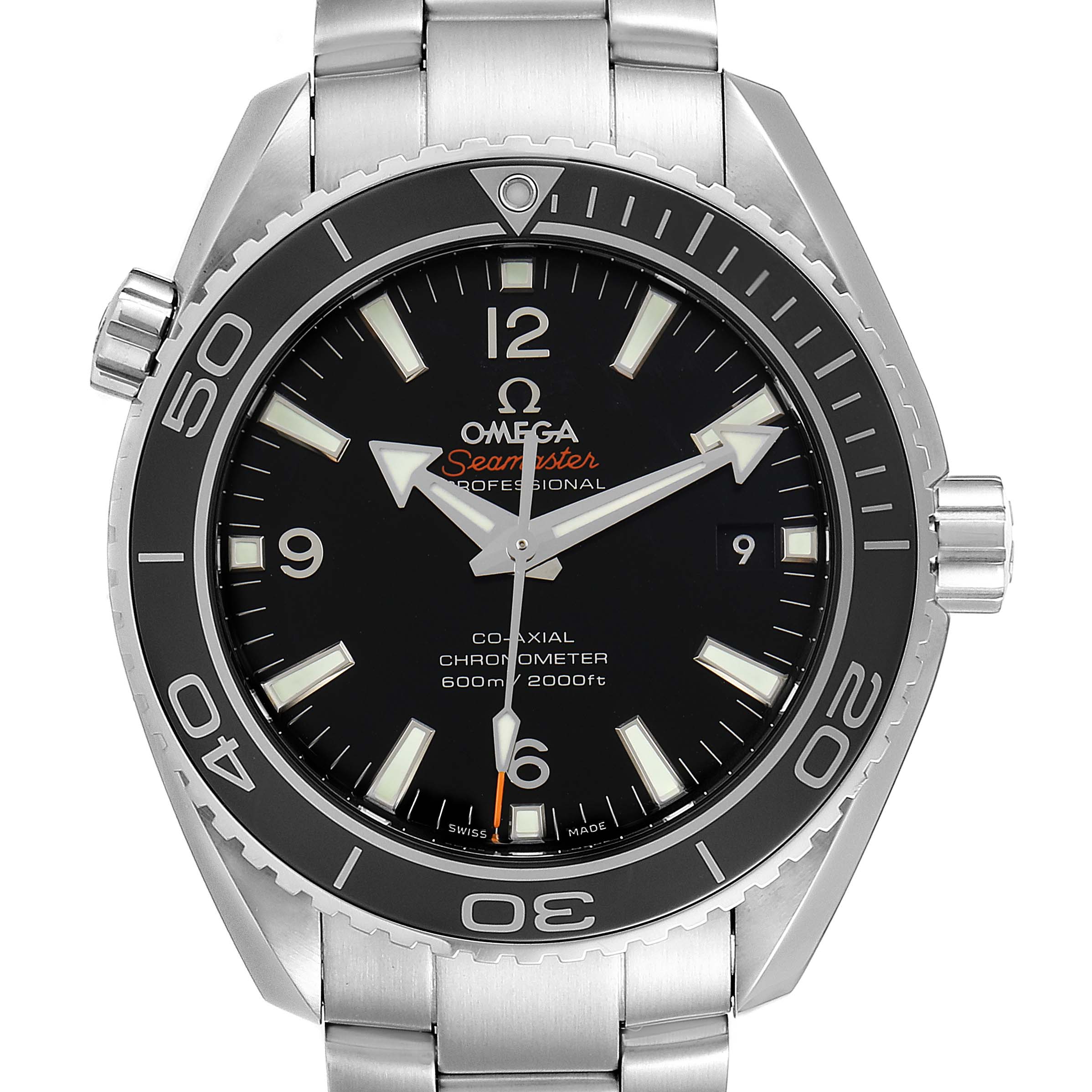 The image shows a front view of the Omega Planet Ocean 232.30.42.21.01.001 Men
s Stainless Steel Black Dial 232.30.42.21.01.001 Men
s Stainless Steel Black Dial watch, depicting the dial, bezel, and part of the bracelet.