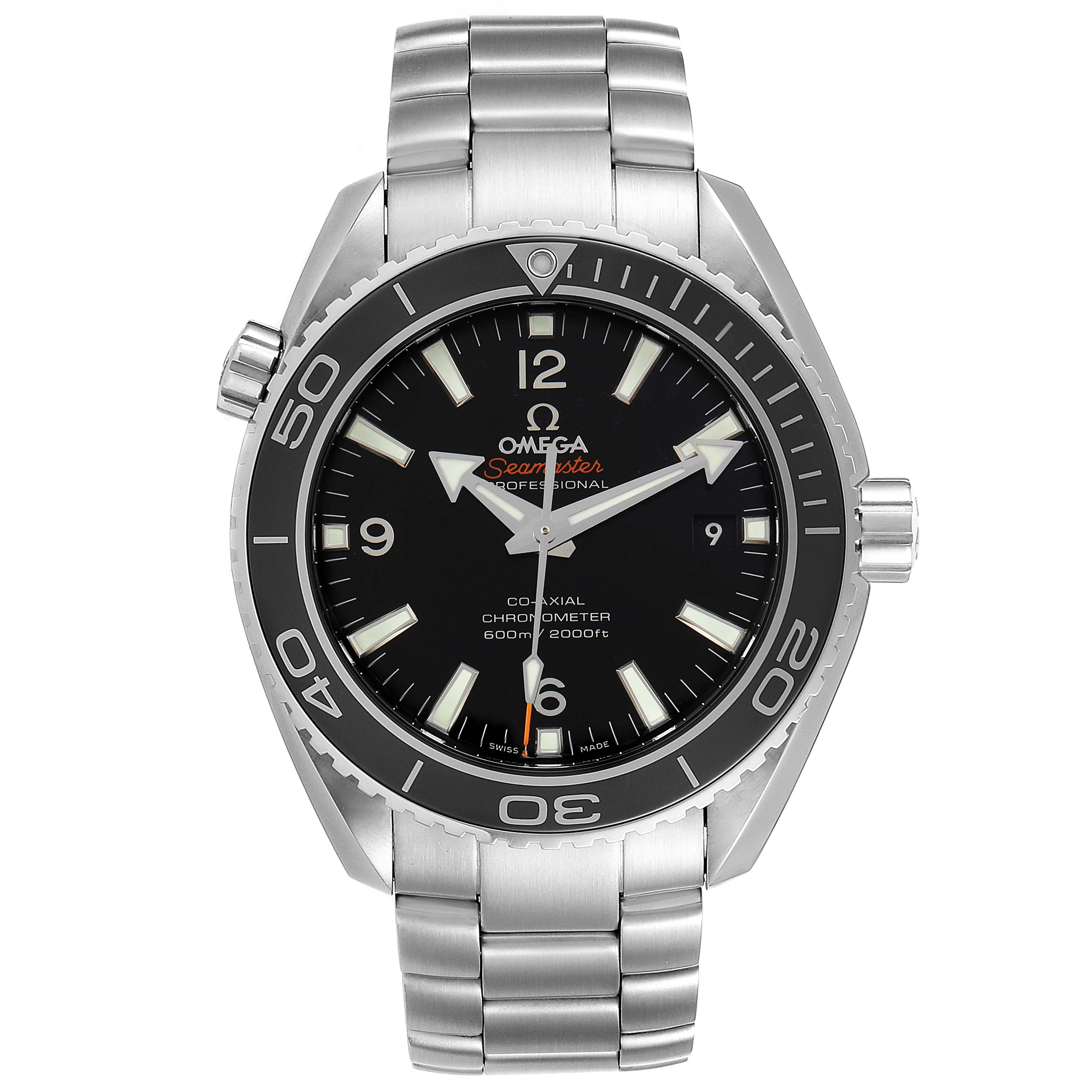 The image shows a front view of the Omega Planet Ocean 232.30.42.21.01.001 Men
s Stainless Steel Black Dial 232.30.42.21.01.001 Men
s Stainless Steel Black Dial watch, highlighting its face, bezel, and bracelet.