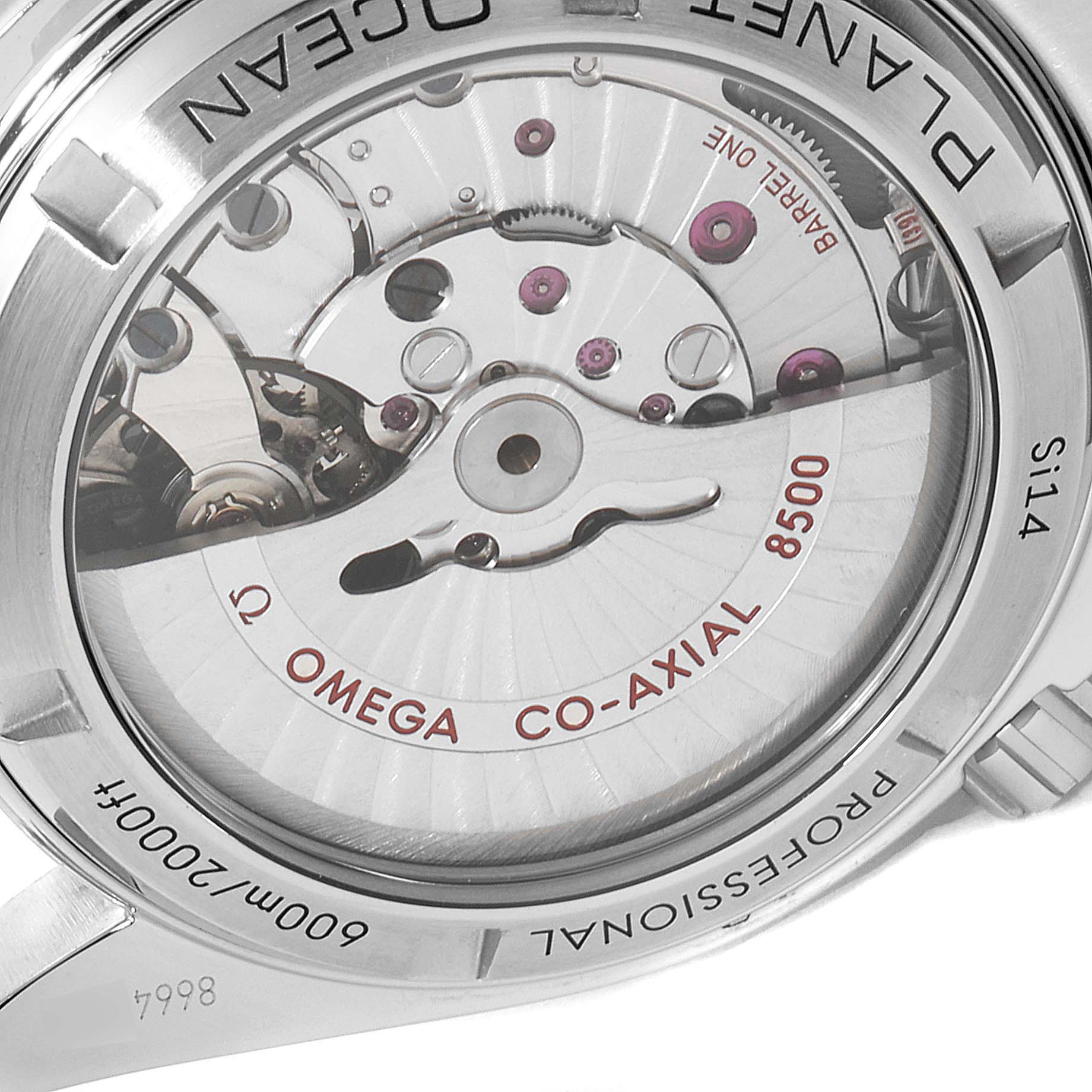 This image shows the back view of the Omega Planet Ocean 232.30.42.21.01.001 Men
s Stainless Steel Black Dial 232.30.42.21.01.001 Men
s Stainless Steel Black Dial watch, revealing its Co-Axial 8500 movement.