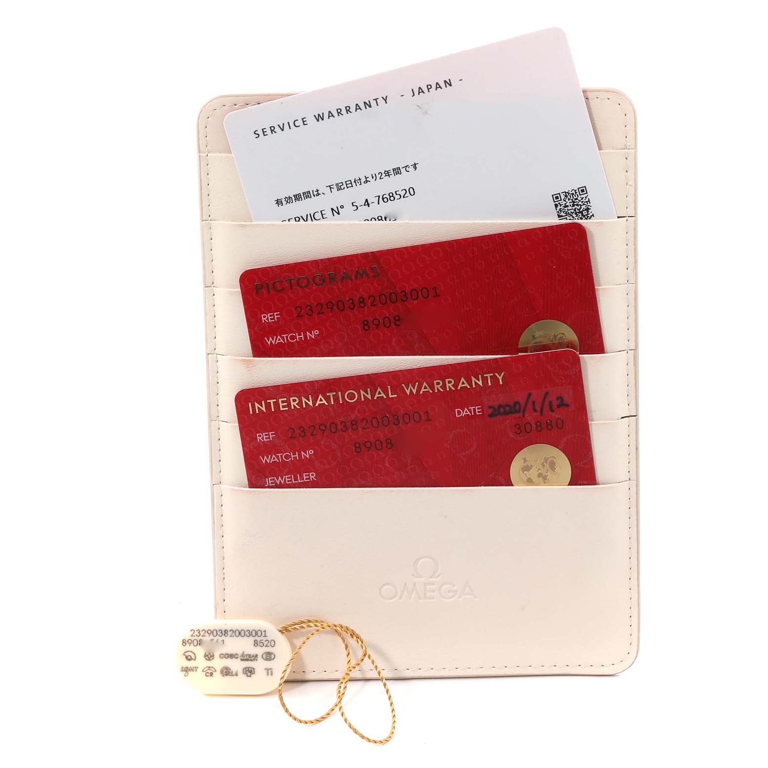 The image shows the warranty cards, pictograms card, and a tag for the Omega Planet Ocean 232.90.38.20.03.001 Men's Titanium Blue Dial 232.90.38.20.03.001 Men's Titanium Blue Dial model from a vertical angle.