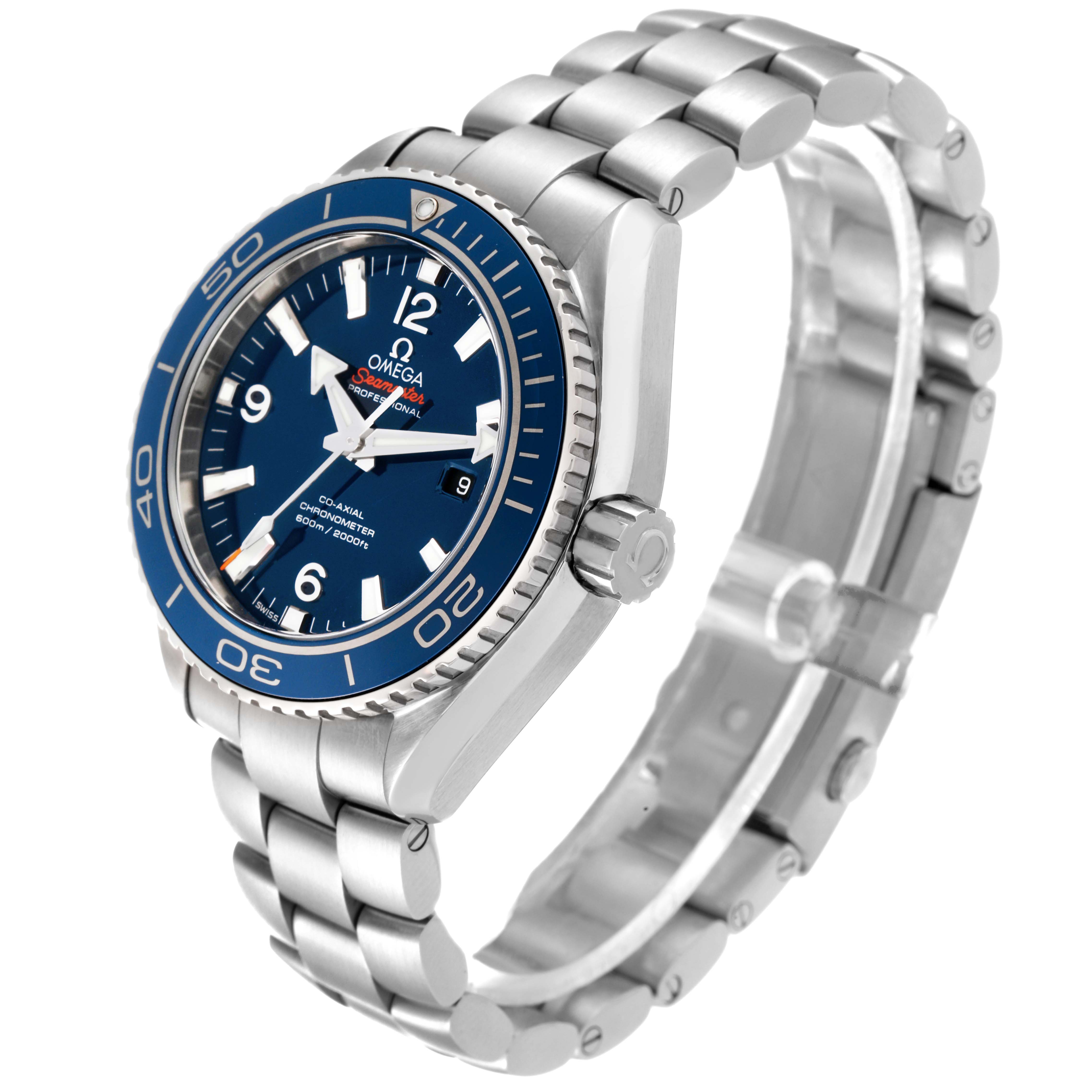 The image shows the Omega Planet Ocean 232.90.38.20.03.001 Men's Titanium Blue Dial 232.90.38.20.03.001 Men's Titanium Blue Dial watch at an angle displaying its face, bezel, crown, and stainless steel bracelet.