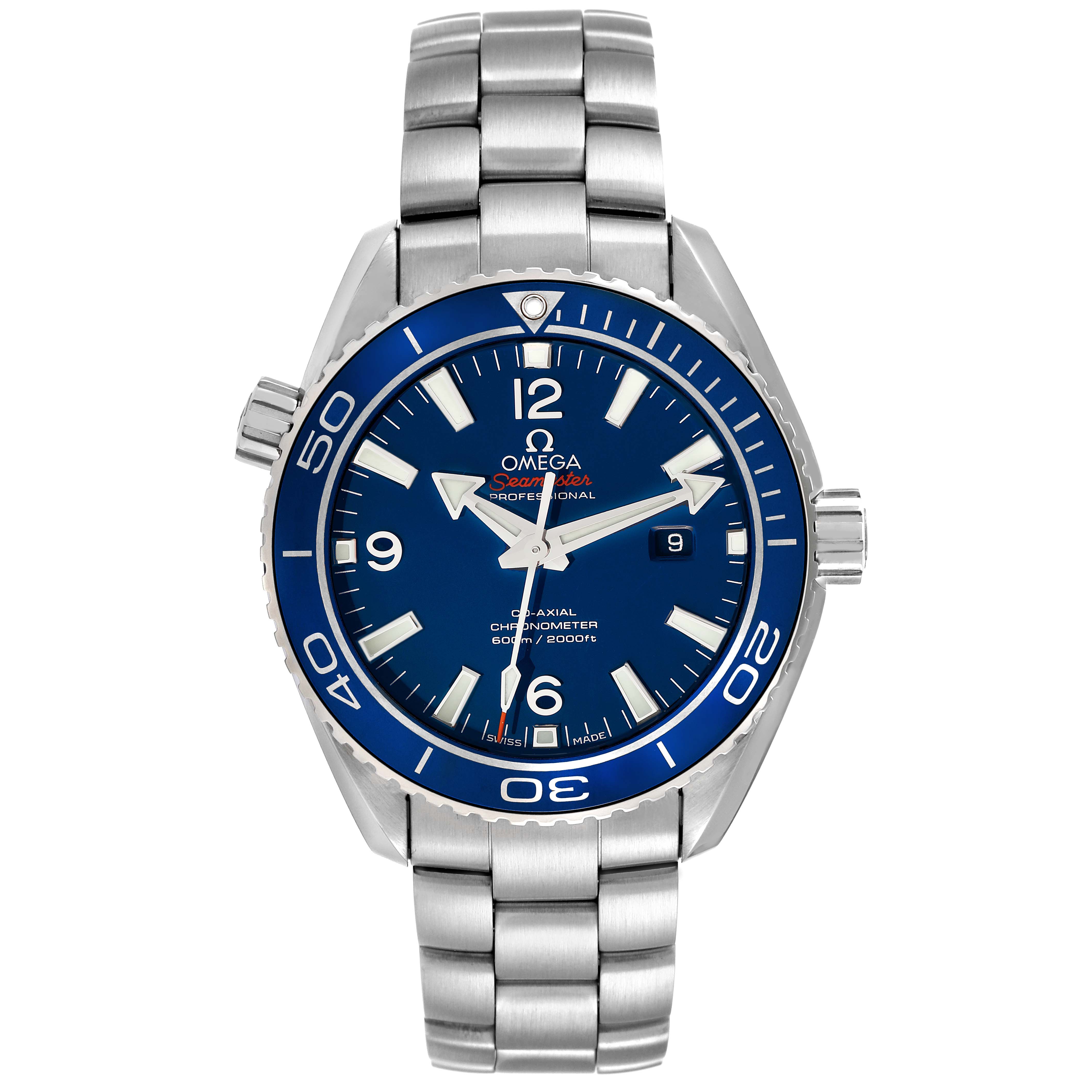 This image shows a front view of the Omega Seamaster Planet Ocean watch, highlighting its blue dial and stainless steel bracelet.