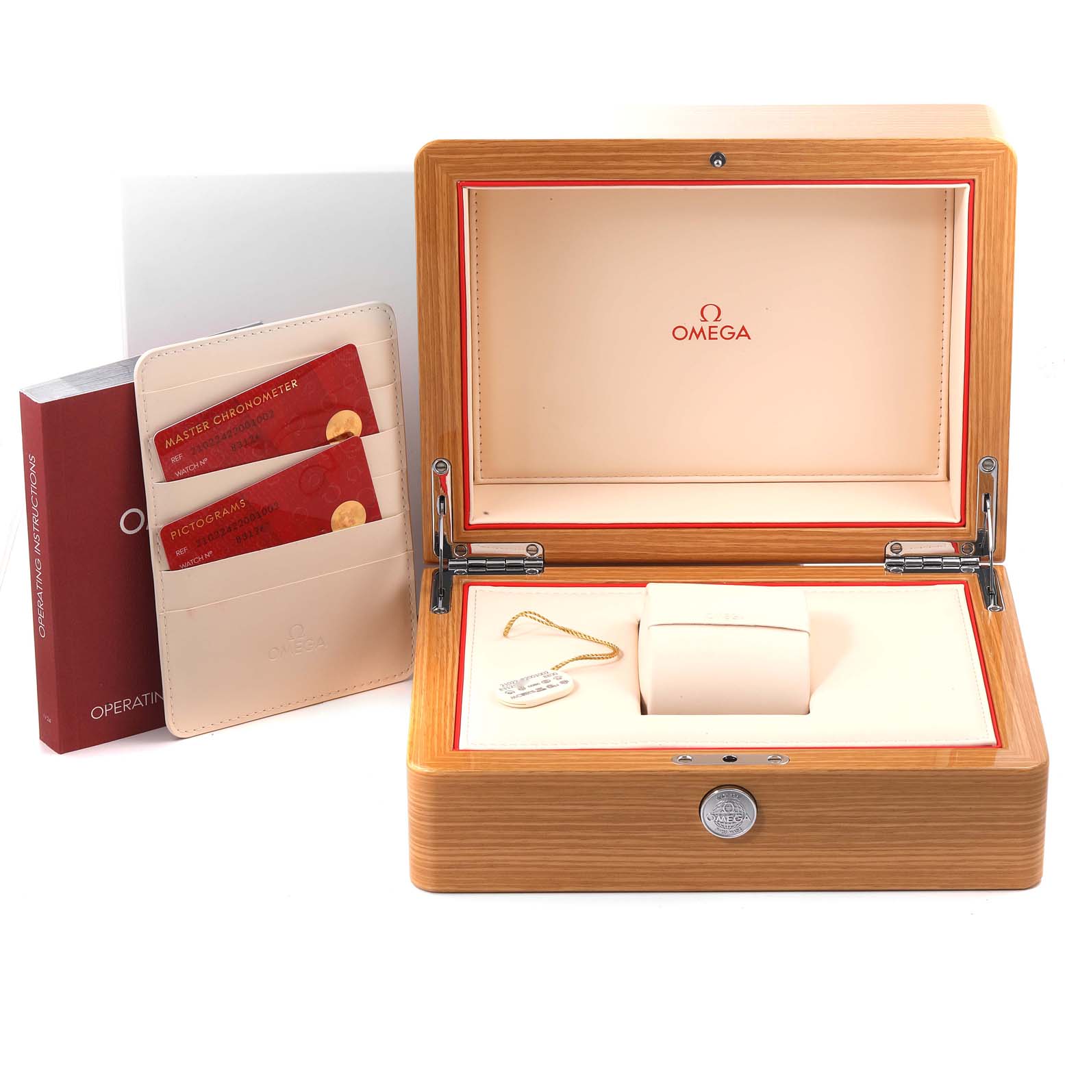 The image shows the open display box and authenticity cards for an Omega Seamaster 210.22.42.20.01.002 Men's Steel and Gold (two tone) Black Dial 210.22.42.20.01.002 Men's Steel and Gold (two tone) Black Dial watch.