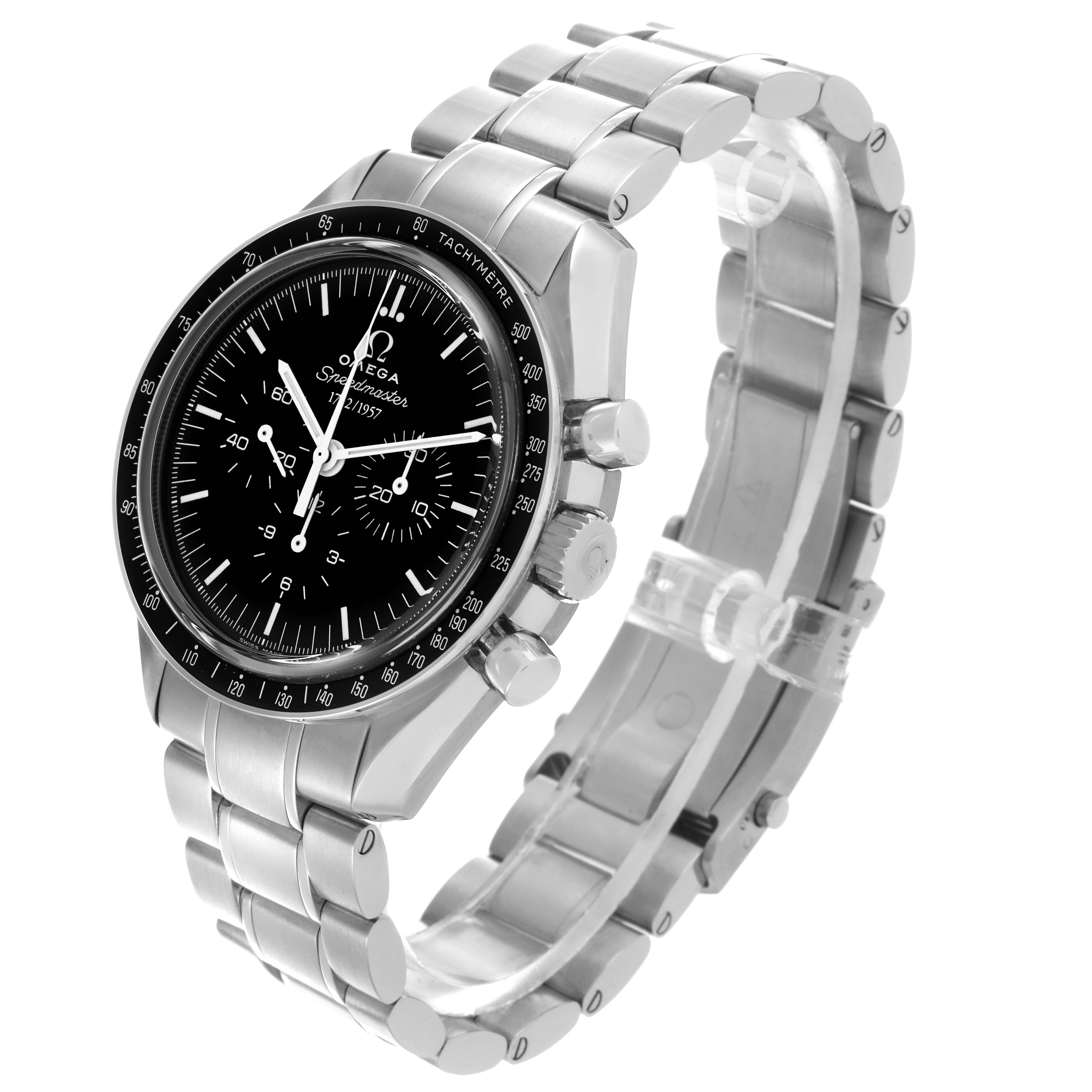 The Omega Speedmaster 311.33.42.50.01.001 Men's Stainless Steel Black Dial 311.33.42.50.01.001 Men's Stainless Steel Black Dial watch is shown at an angled side view, displaying the face, bezel, case, bracelet, and pushers.