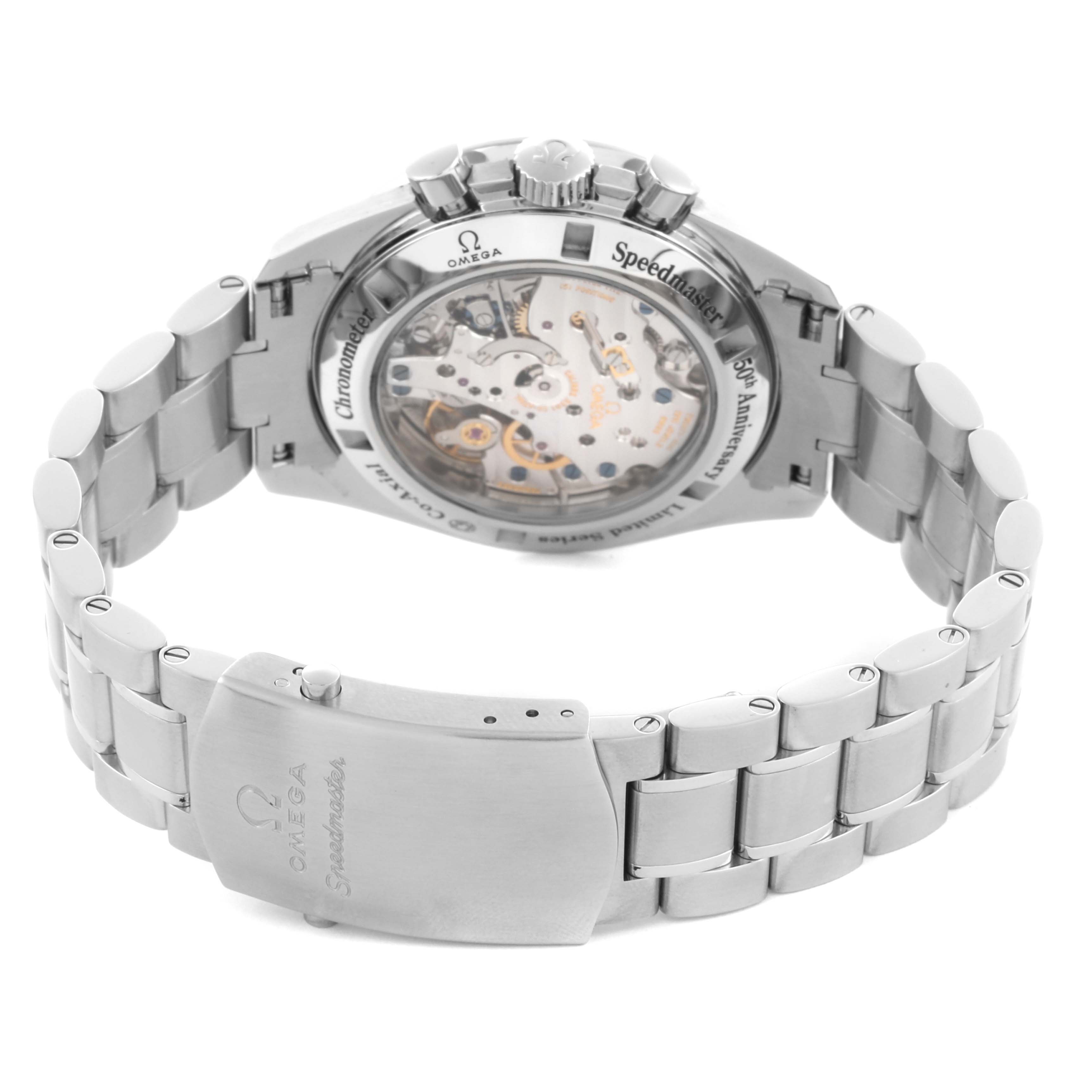 The Omega Speedmaster 311.33.42.50.01.001 Men's Stainless Steel Black Dial 311.33.42.50.01.001 Men's Stainless Steel Black Dial is shown from the back, featuring the movement and bracelet clasp.