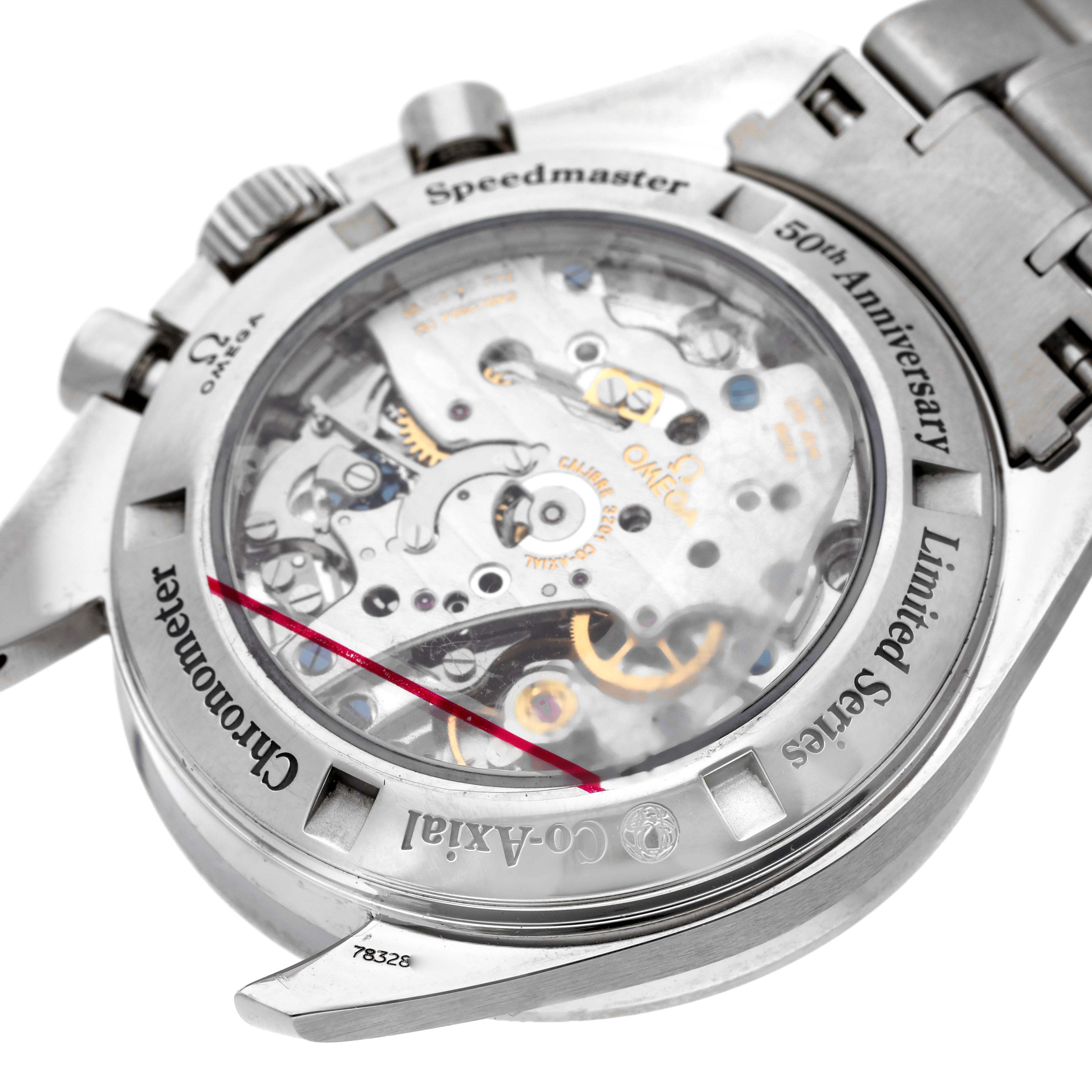 The image shows the back of an Omega Speedmaster 311.33.42.50.01.001 Men's Stainless Steel Black Dial 311.33.42.50.01.001 Men's Stainless Steel Black Dial, highlighting the transparent case back and internal mechanical movements.