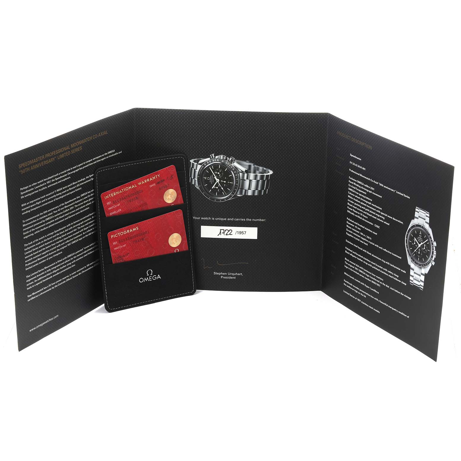 The image shows Omega Speedmaster 311.33.42.50.01.001 Men's Stainless Steel Black Dial 311.33.42.50.01.001 Men's Stainless Steel Black Dial documentation, warranty cards, and a watch image, all at a frontal angle.