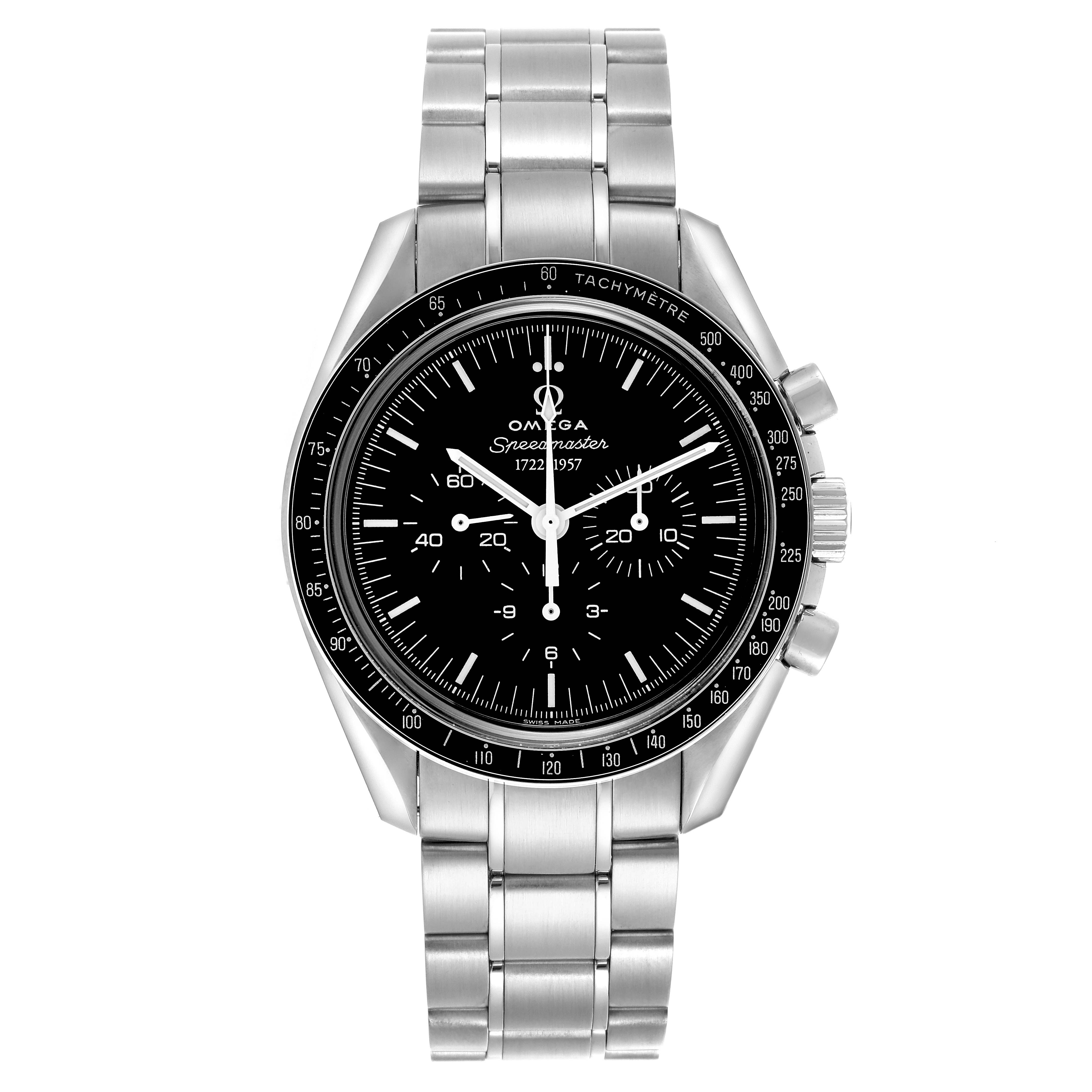 The Omega Speedmaster 311.33.42.50.01.001 Men's Stainless Steel Black Dial 311.33.42.50.01.001 Men's Stainless Steel Black Dial watch is shown from a front angle, displaying the bracelet, bezel, dial, and chronograph.