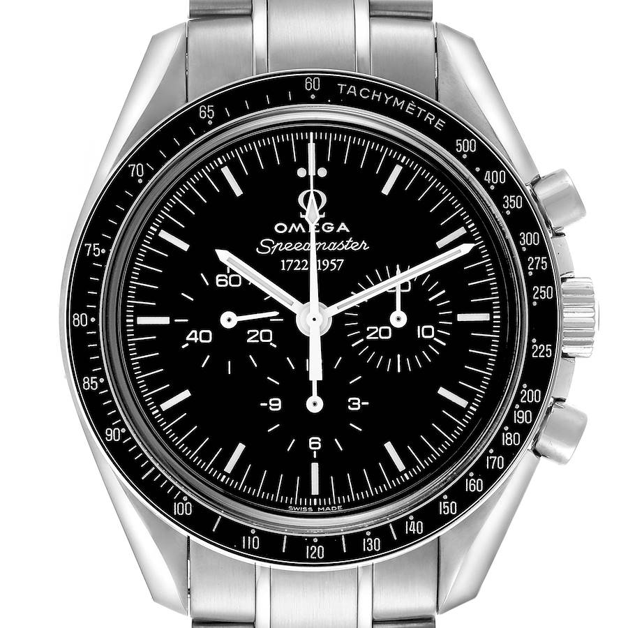 The Omega Speedmaster watch is shown from the front, displaying its dial, bezel, and stainless steel bracelet.