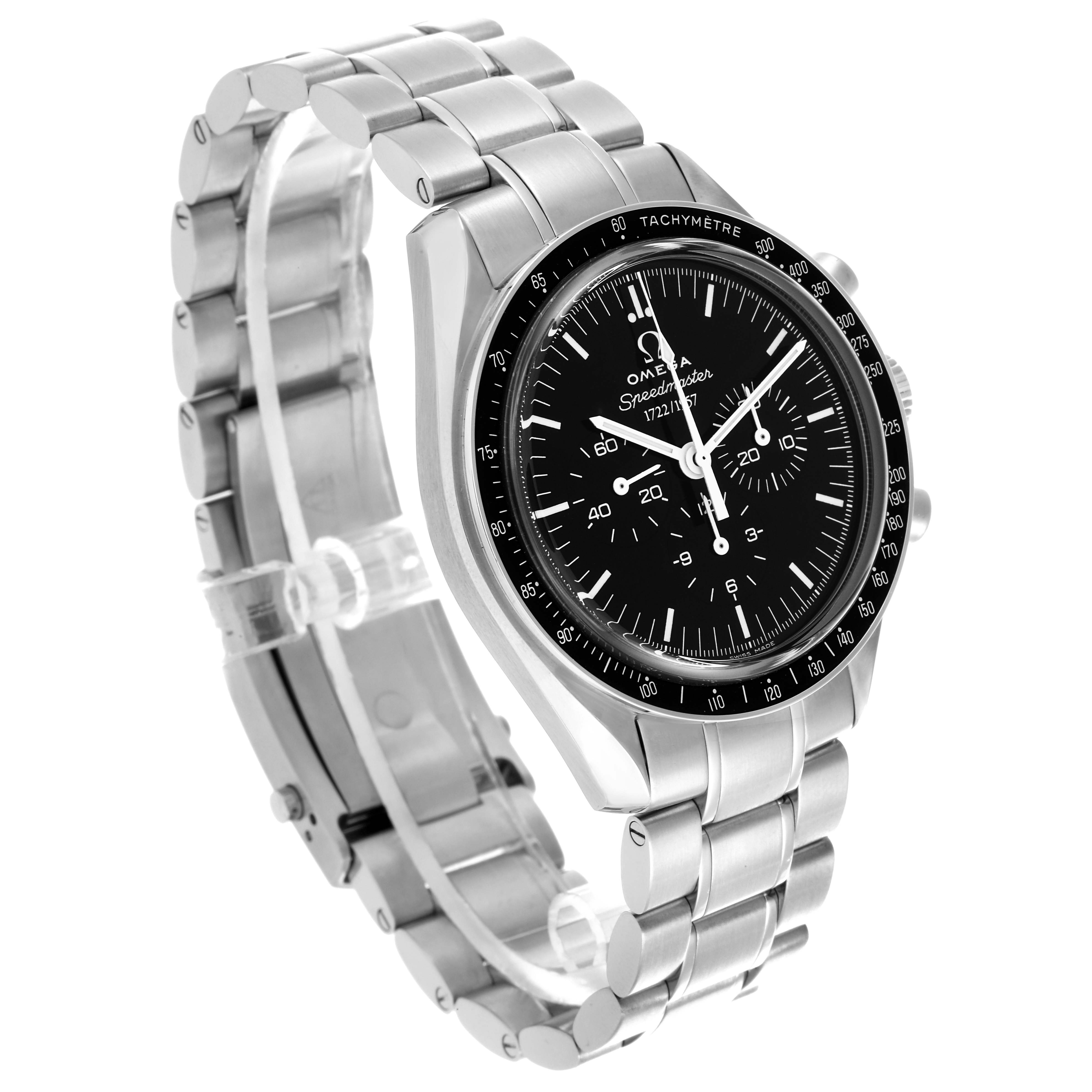 The image shows an angled view of the Omega Speedmaster 311.33.42.50.01.001 Men's Stainless Steel Black Dial 311.33.42.50.01.001 Men's Stainless Steel Black Dial, highlighting the bracelet, bezel, and dial.